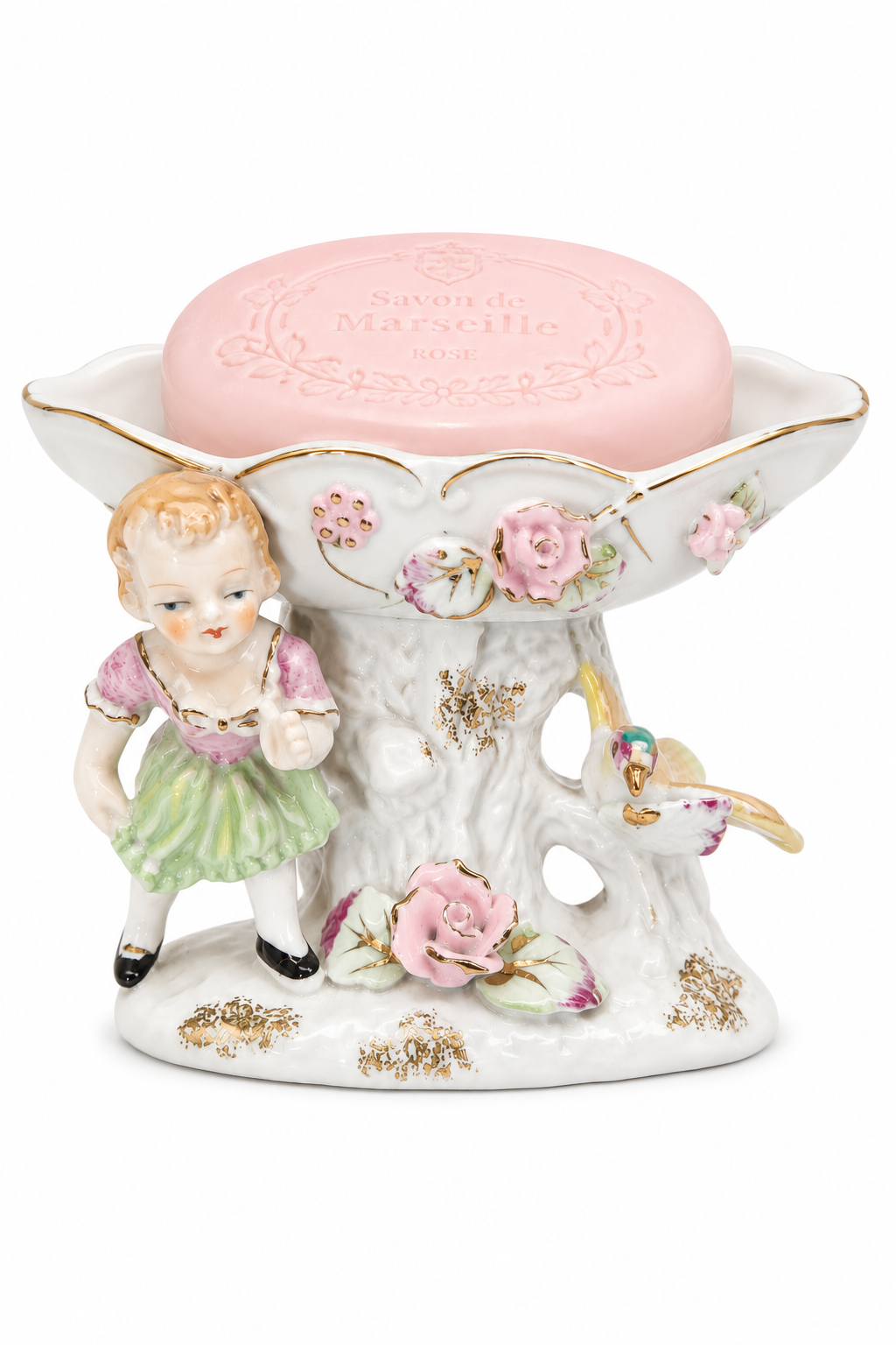 Vintage 1940s–1950s Porcelain Child & Bird Soap Dish | Floral Trinket Dish