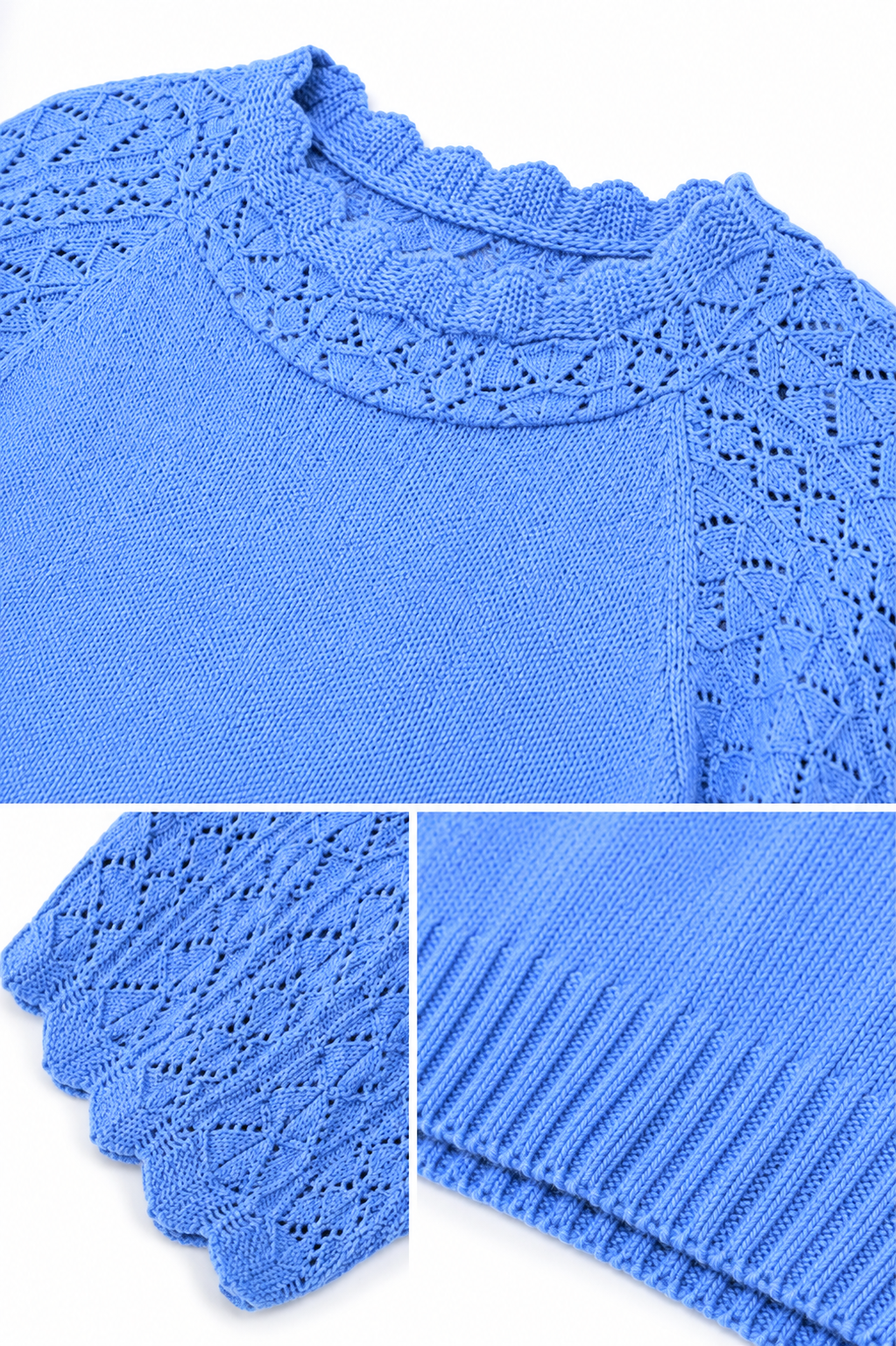 Vintage Haband Blue Knit Sweater Top | Pointelle Lace Short Sleeve Pullover – Size Large