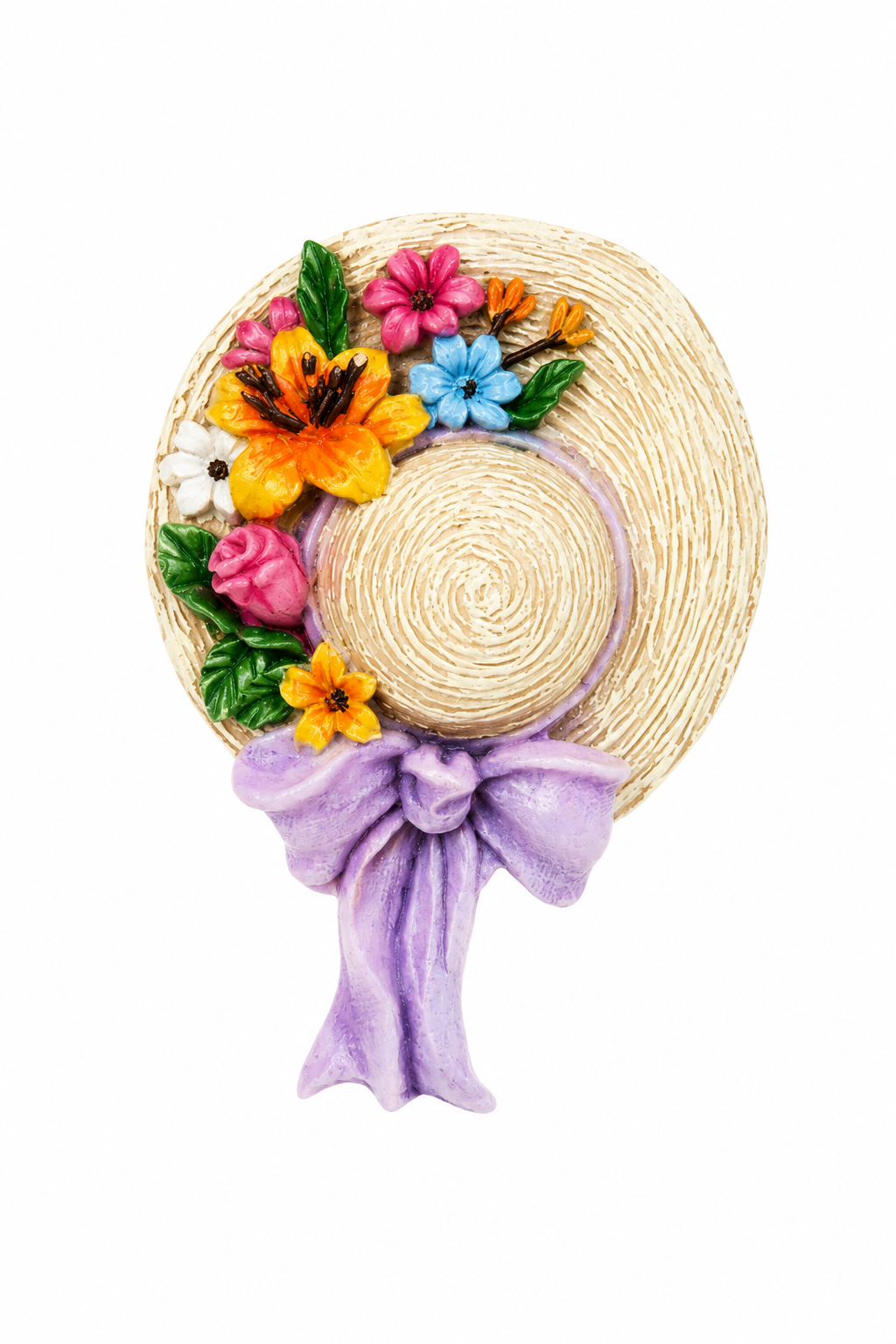 Vintage 1980s Colorful Floral Garden Hat Brooch – Lavender Bow Resin Pin – 2”