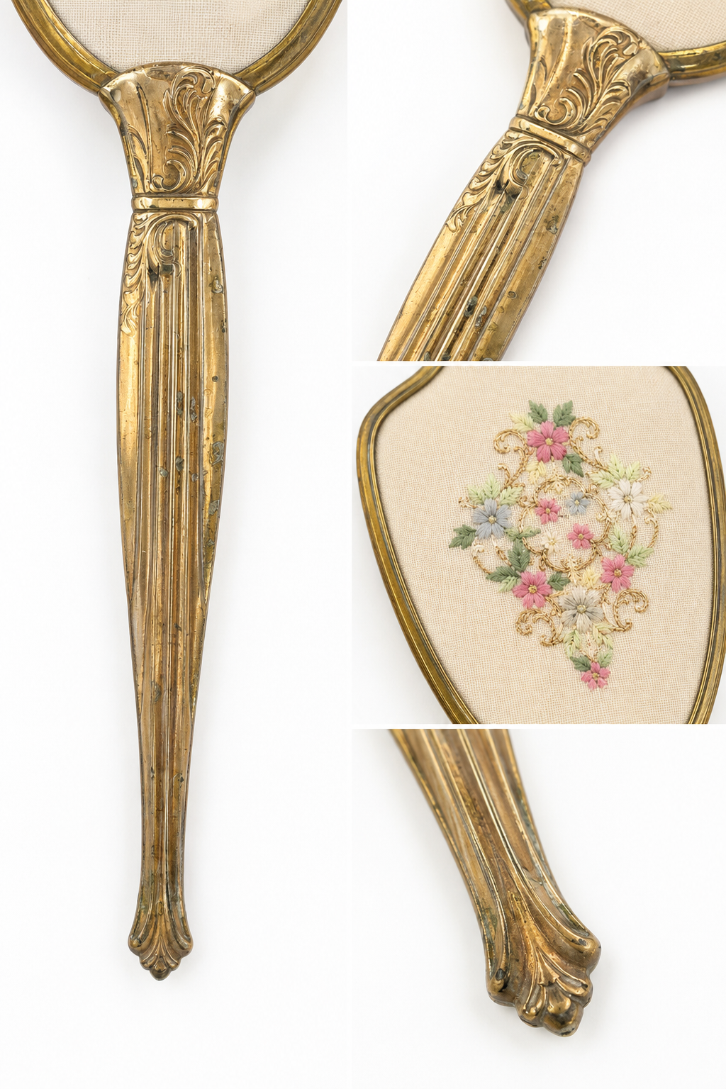 Vintage 1940s–1950s Floral Vanity Hair Brush | Gold Tone | Embroidered Back | Dressing Table Brush