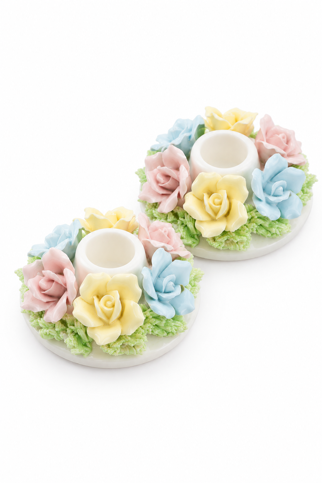 Vintage Pastel Porcelain Rose Candle Holders – Set of 2 | Cottagecore Floral Taper Candle Holders | Shabby Chic Decor