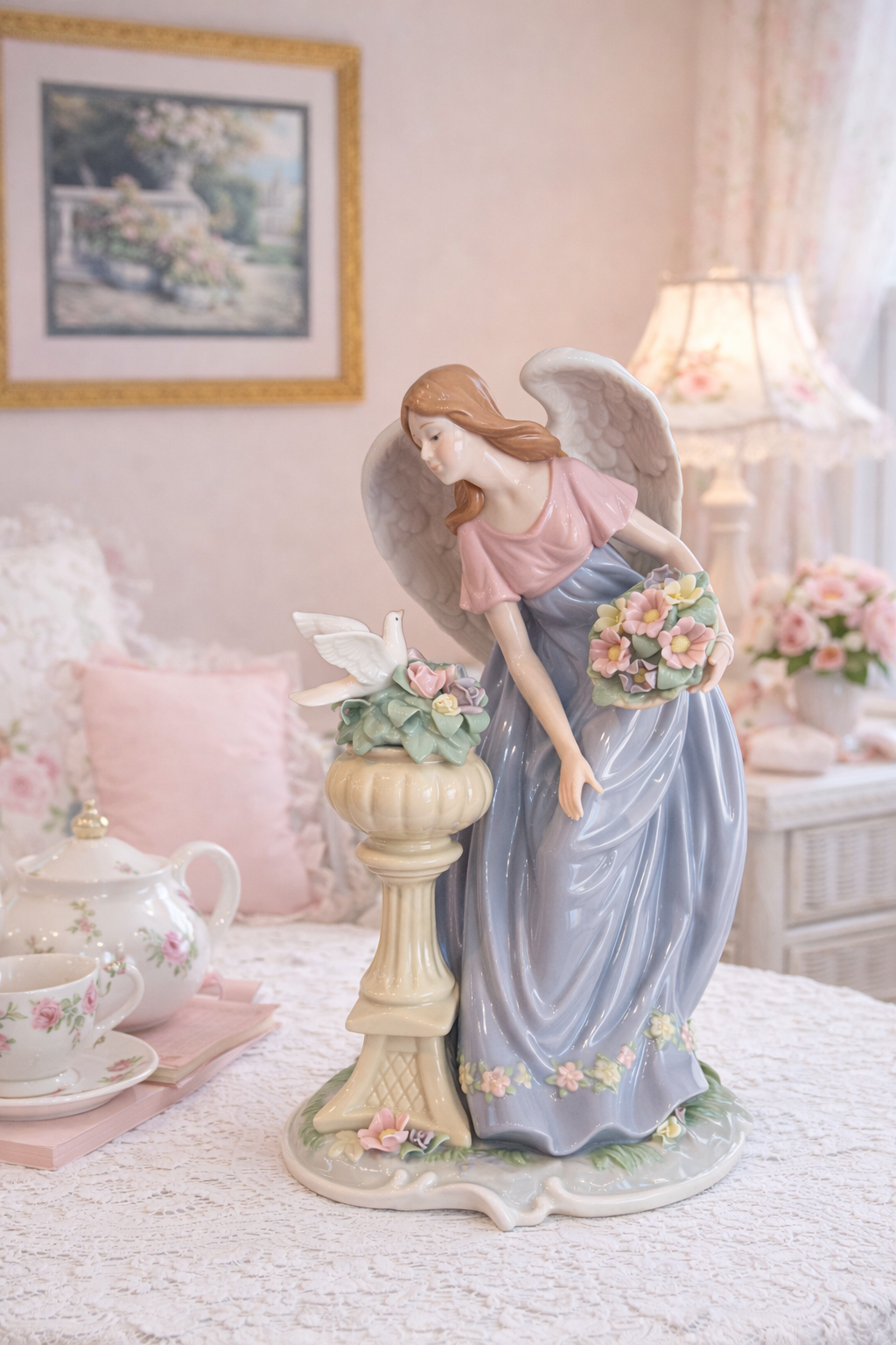 2006 Member’s Mark Angel Figurine with Dove | Porcelain Heavenly Decor, Pastel Floral, 12” Vintage Angel Statue