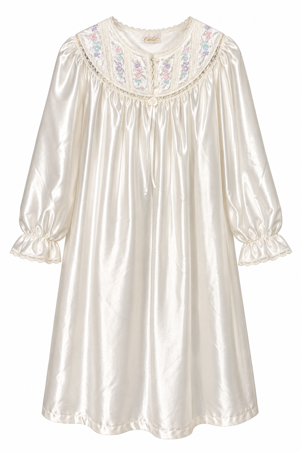 Vintage 1970s–80s Cachet Sears Ivory Liquid Satin Lace Embroidered Long Sleeve Nightgown | Approx M
