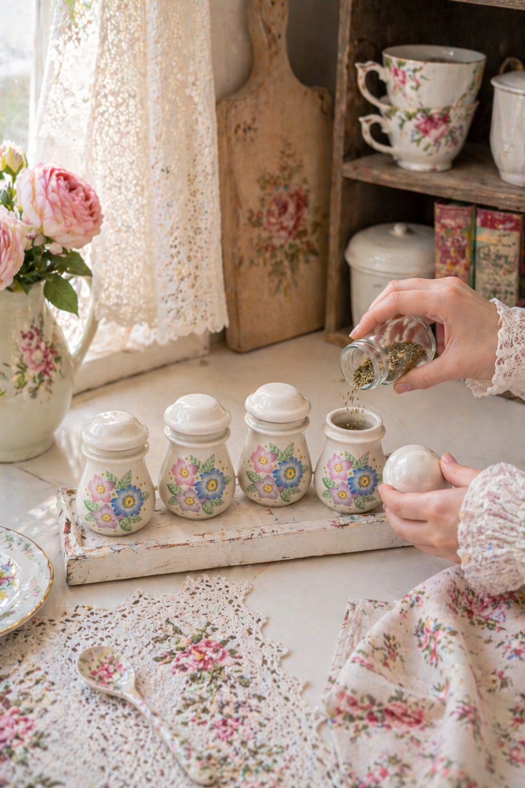 Vintage 1980s Wildflower Ceramic Spice Jar Set | Set of 5 Floral Kitchen Canisters with Lids