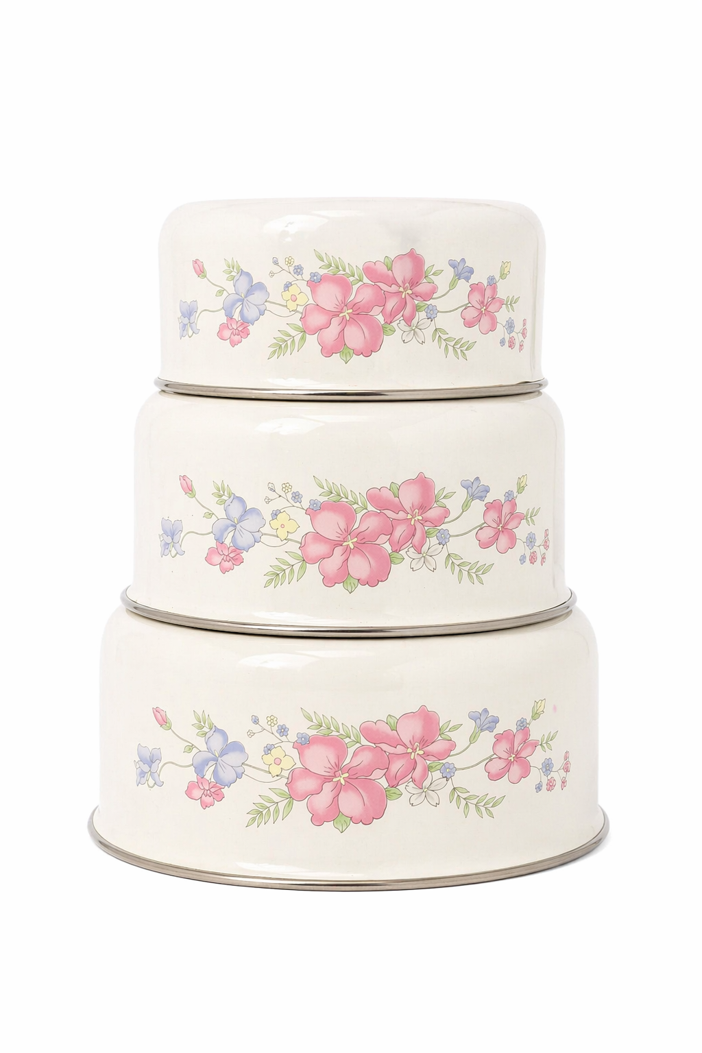 Vintage Pink & Blue Floral Enamelware Mixing Bowl Set | Shabby Chic Cottagecore Kitchen Decor | Set of 3 Bowls
