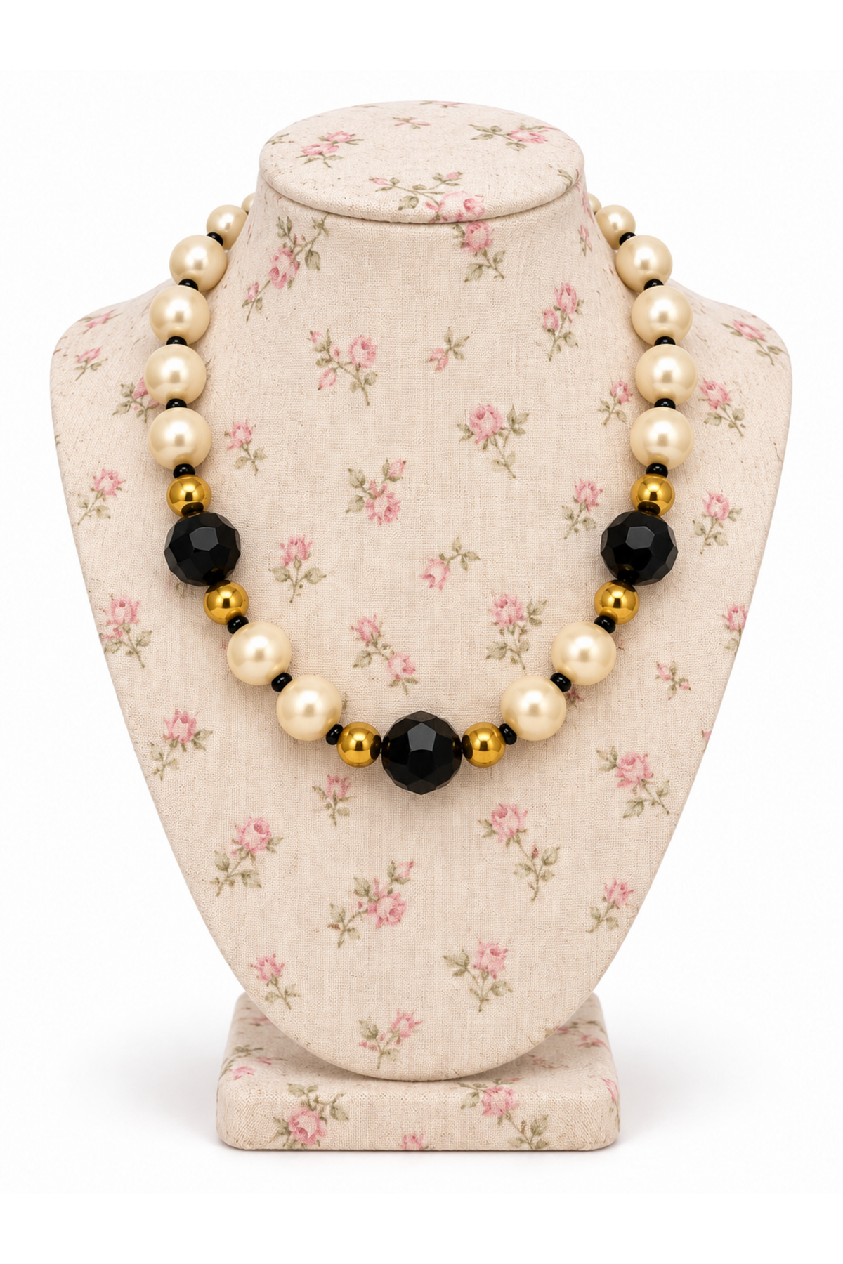 Vintage 1980s Faux Pearl & Black Faceted Bead Statement Necklace – 18”