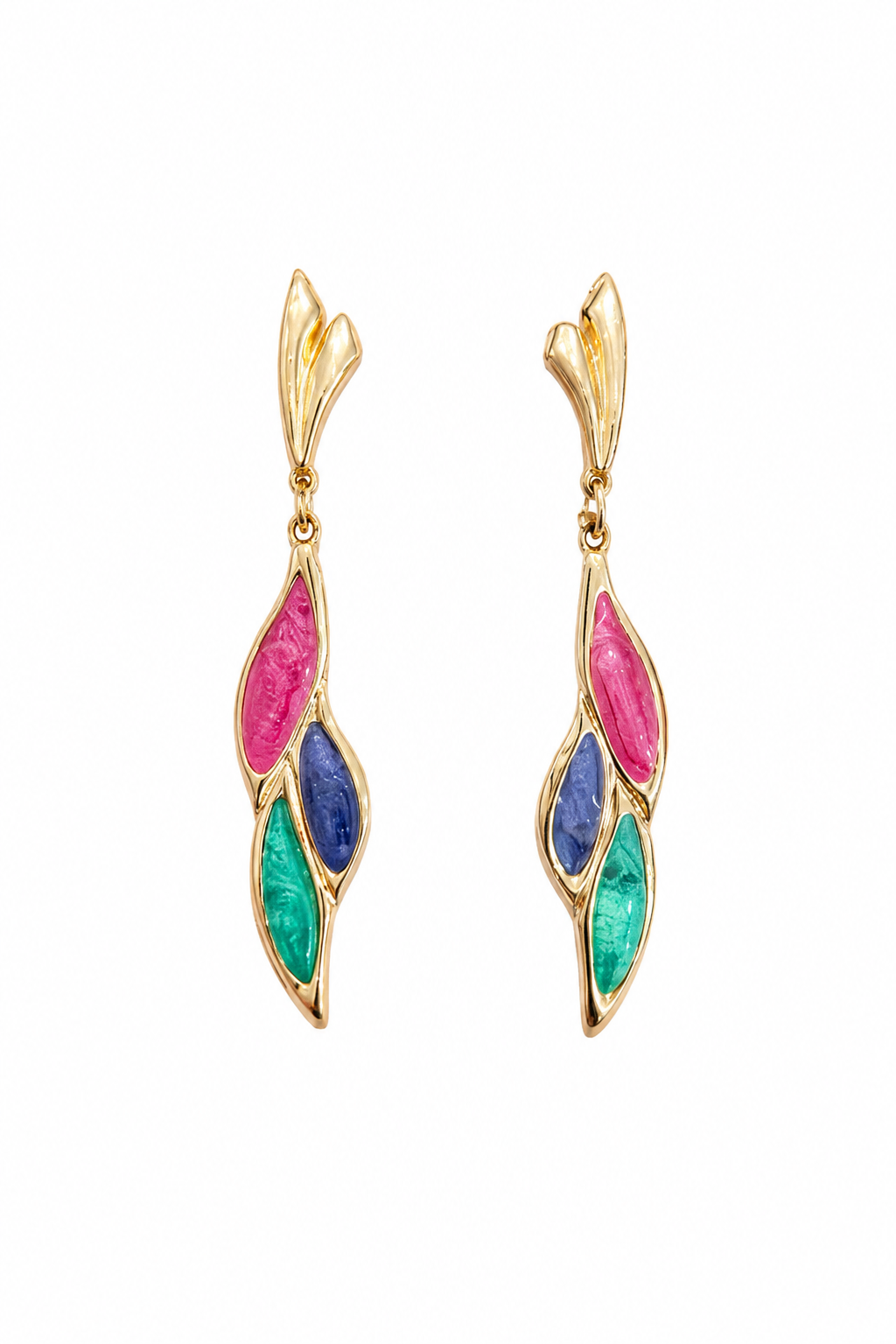 Vintage 1980s Colorful Enamel Drop Earrings | Gold Tone Statement Earrings