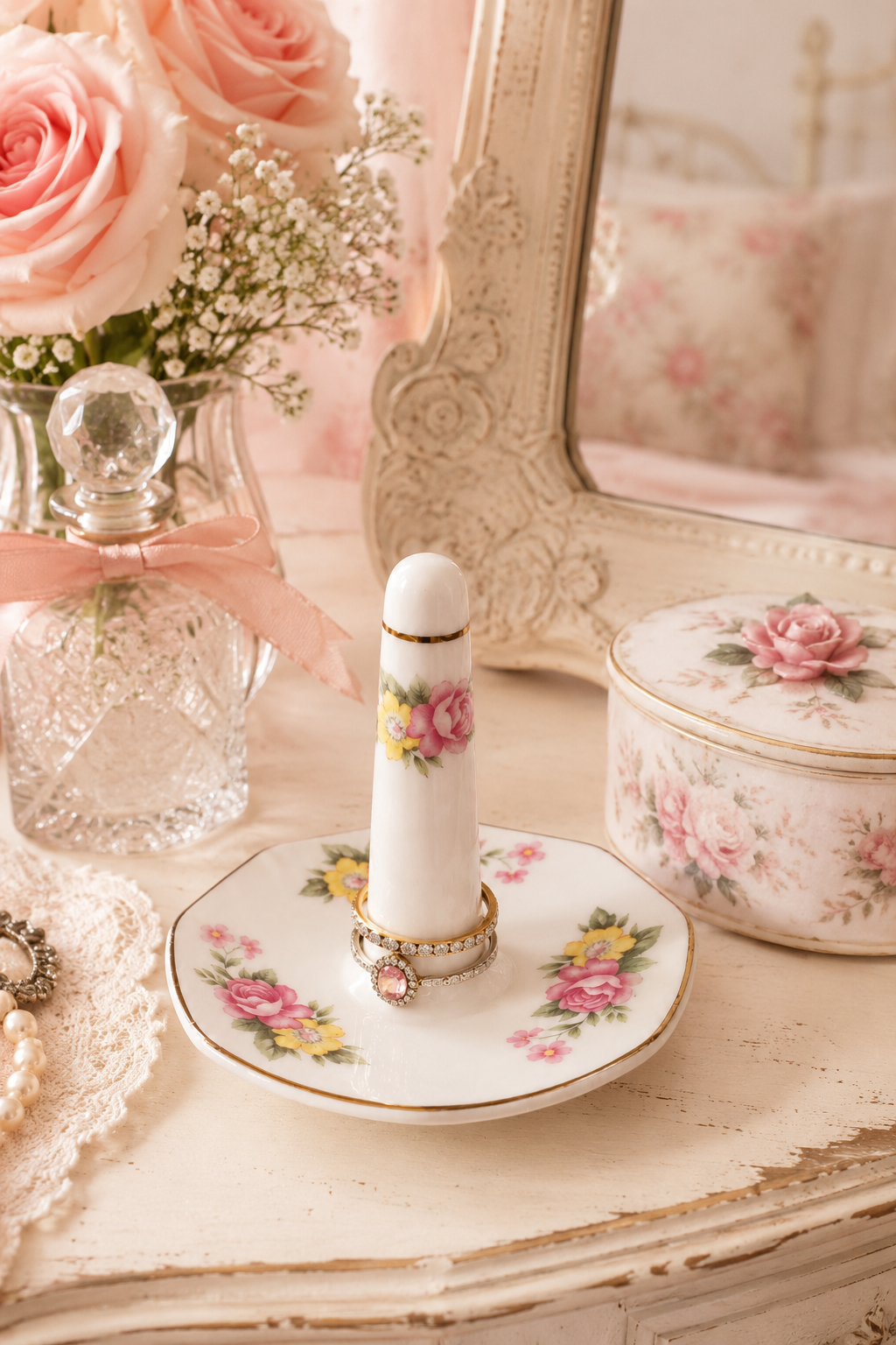 1980s Floral Porcelain Ring Holder | Vintage Rose & Wildflower Jewelry Stand | Cottagecore Vanity Decor