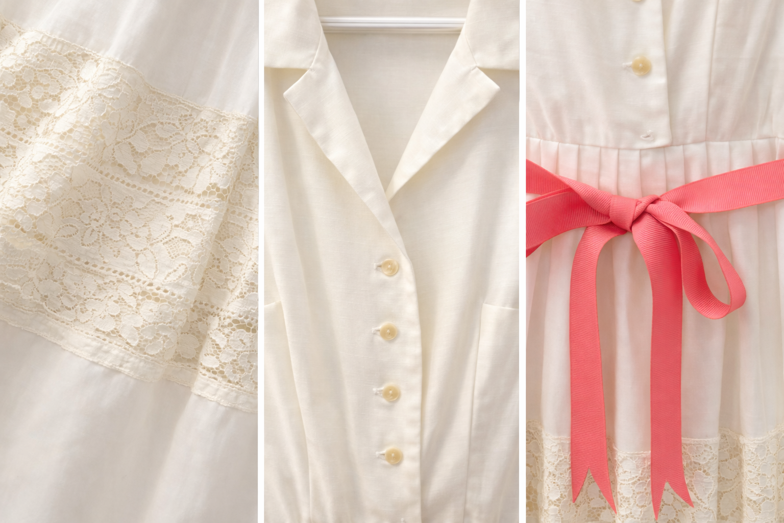 Vintage 1950s–1960s White Lace Dress with Pink Ribbon | Romantic Spring / Bridal Dress