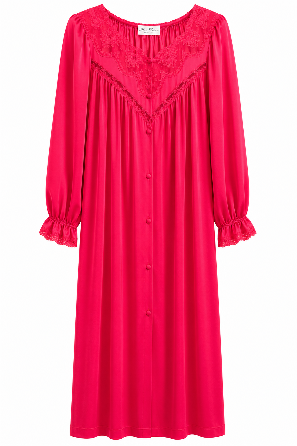 Vintage Red Lace Trim Nightgown | Made in USA Union Tag Lounge Dress | 100% Antron Nylon | Size Small