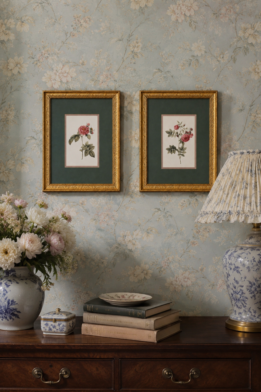 Vintage Botanical Floral Print in Ornate Gold Frame | Framed Rose Wall Art | Cottage, Victorian & Traditional Décor