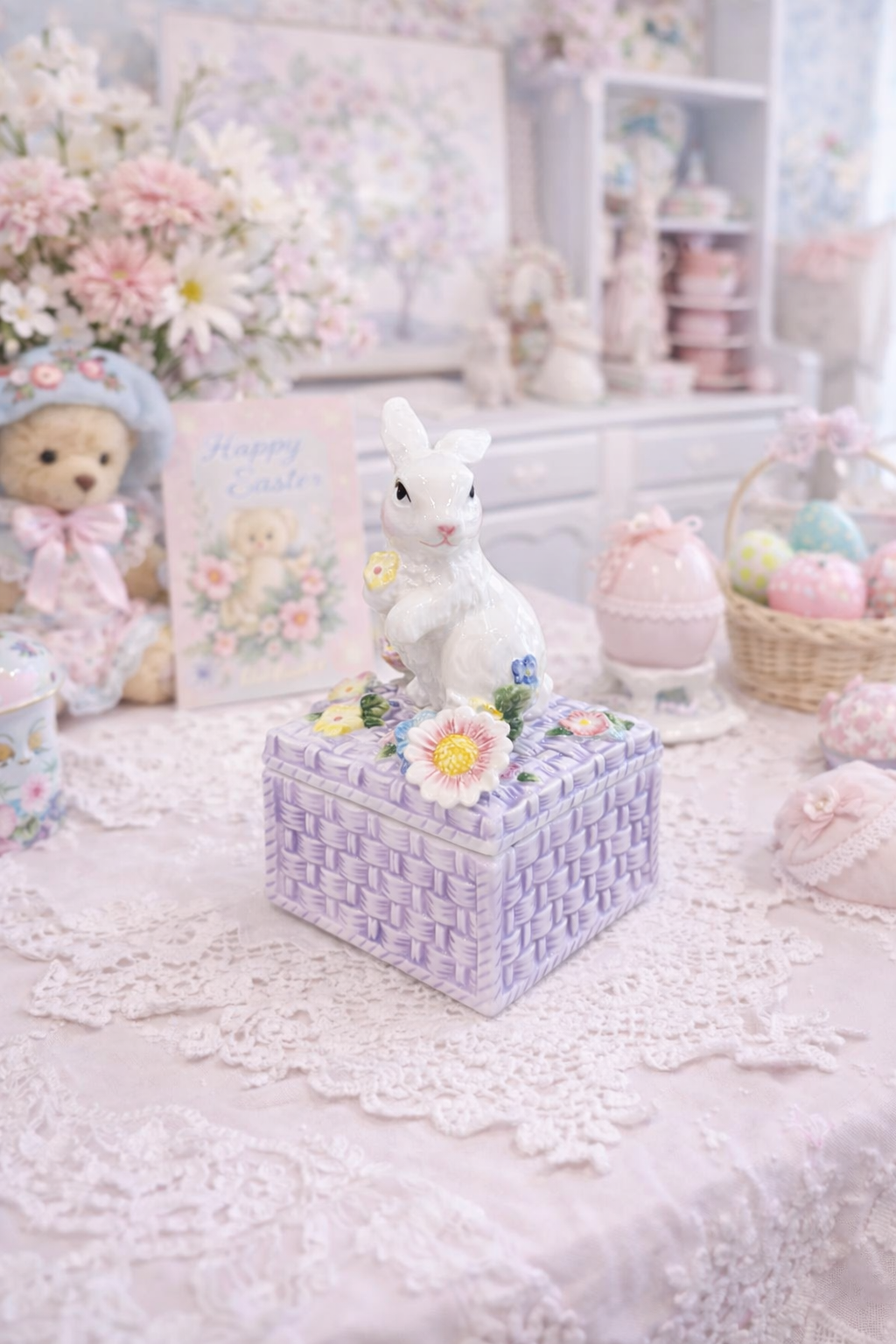 Vintage-Inspired Easter Bunny Trinket Box | Lavender Woven Keepsake Box with Floral Details