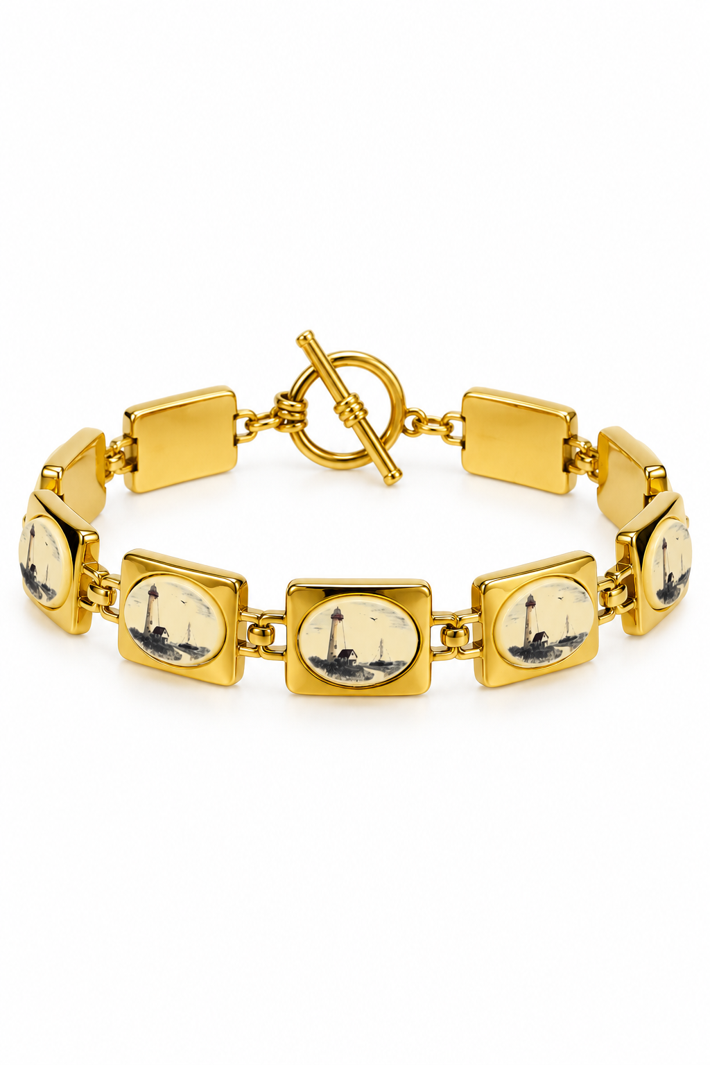 Vintage 1980s Barlow Nautical Lighthouse Gold-Tone Toggle Link Bracelet