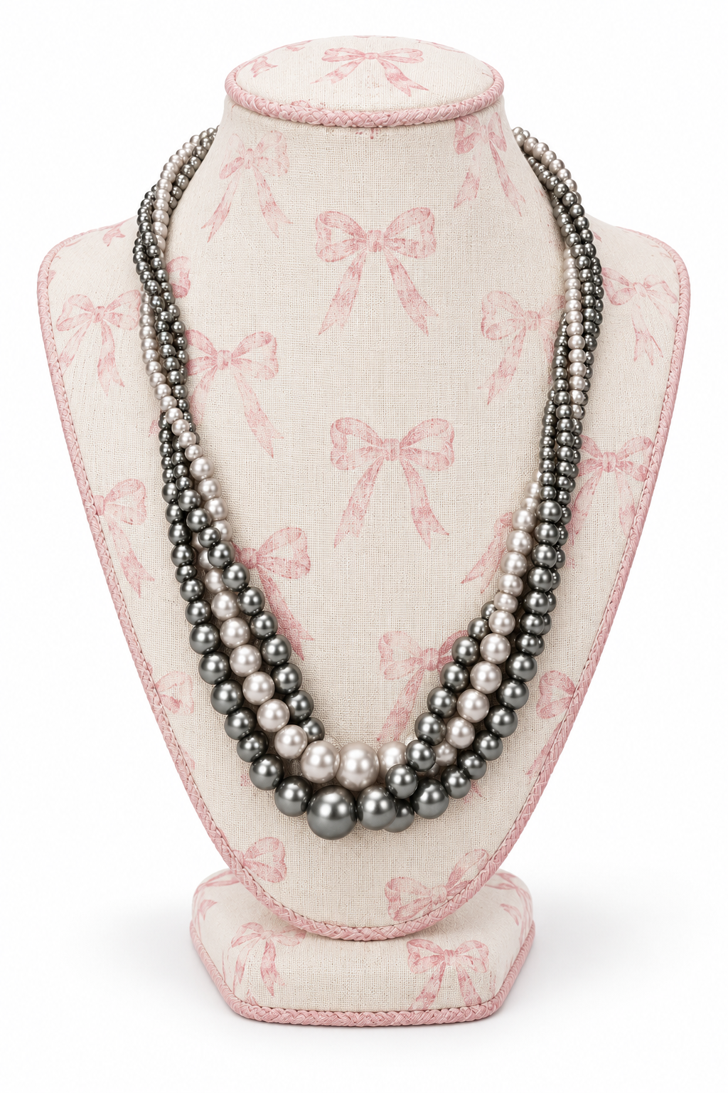 Vintage 1990s Gunmetal Gray & Silver Faux Pearl Multi-Strand Torsade Necklace | 19–22”