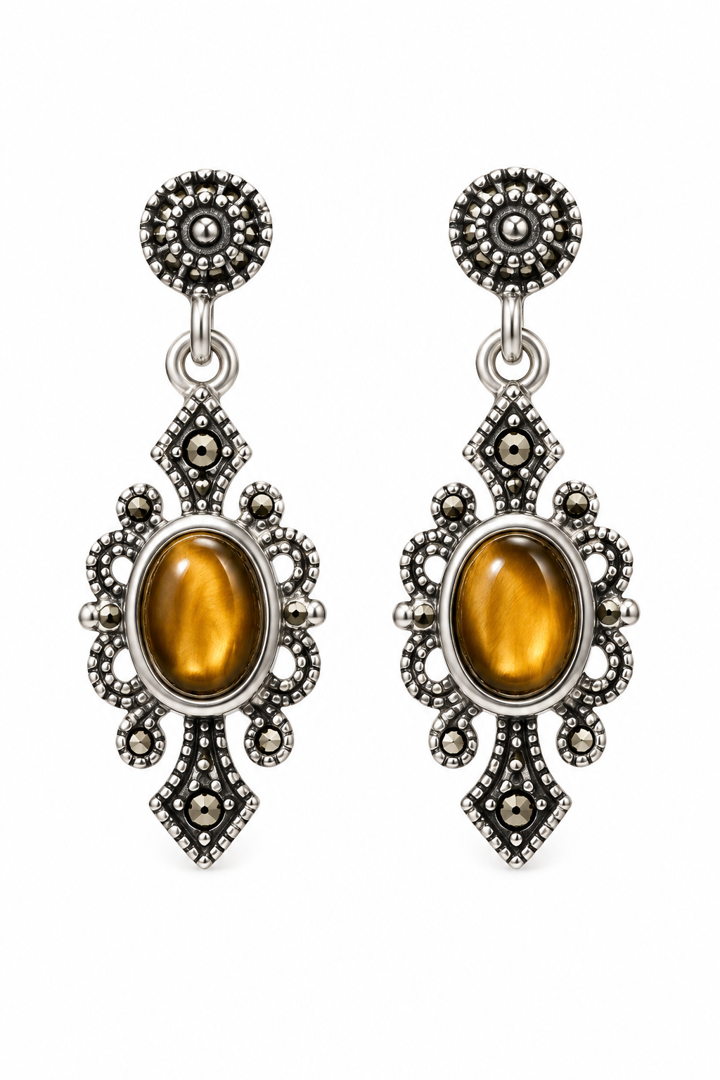 Vintage 1990s–2000s Boho Silver-Tone Faux Tiger’s Eye Dangle Stud Earrings