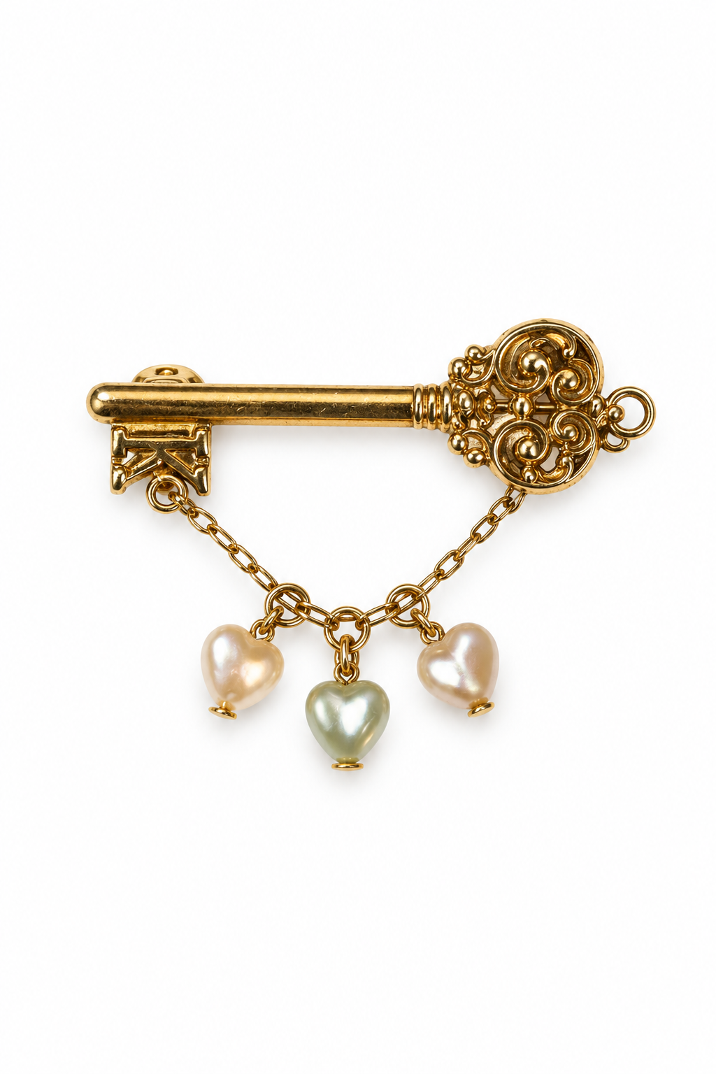 Vintage 1980s “Key to My Heart” Gold-Tone Skeleton Key Chatelaine Brooch with Pastel Faux Pearl Hearts