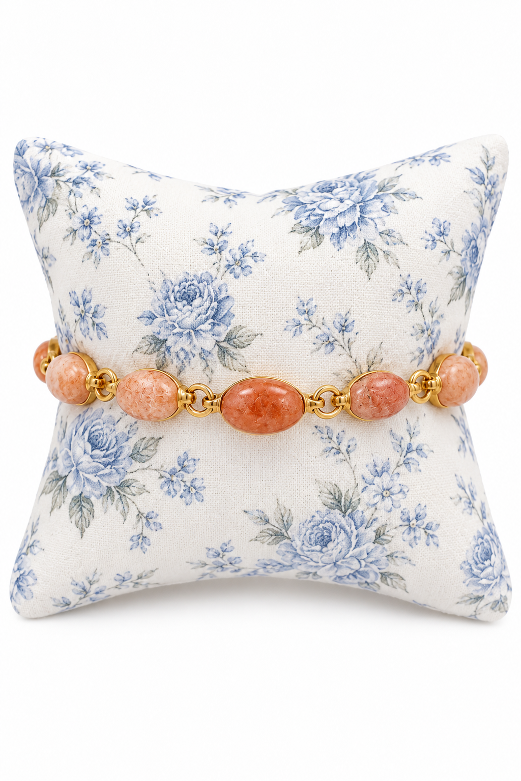 Vintage 1950s–1970s Peach Pink Stone Beaded Bracelet – 7.5” Gold-Tone Retro Jewelry