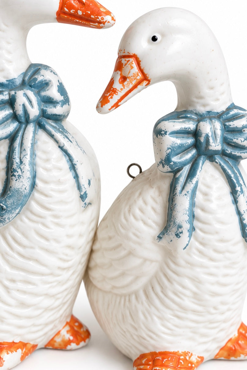 Vintage 1980s White Ceramic Goose Figurines / Ornaments – Set of 2