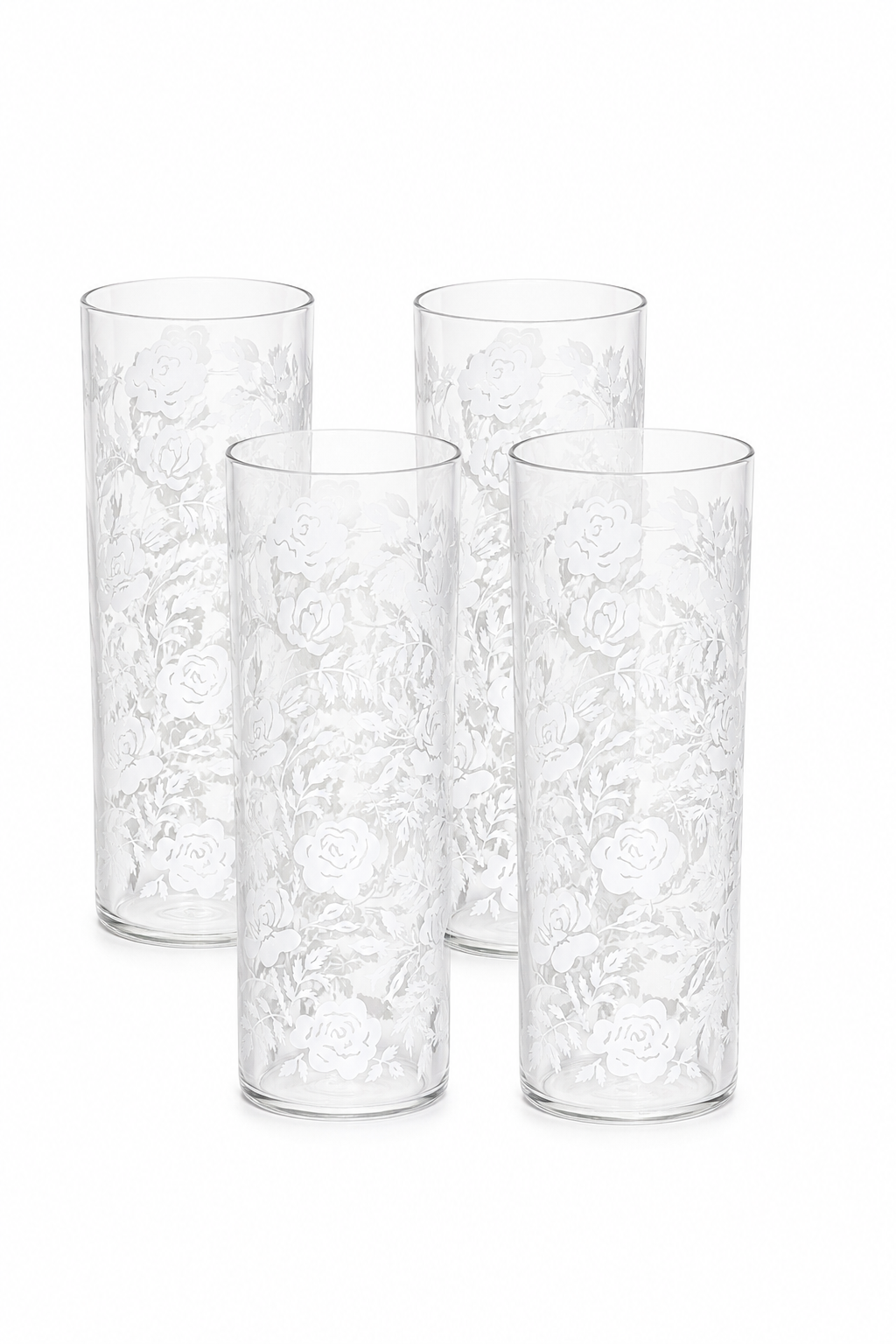 Vintage 1950s Libbey White Roses Highball Glasses Set of 4 | Frosted Floral Tumblers | Mid-Century Modern Glassware | Cottagecore Barware