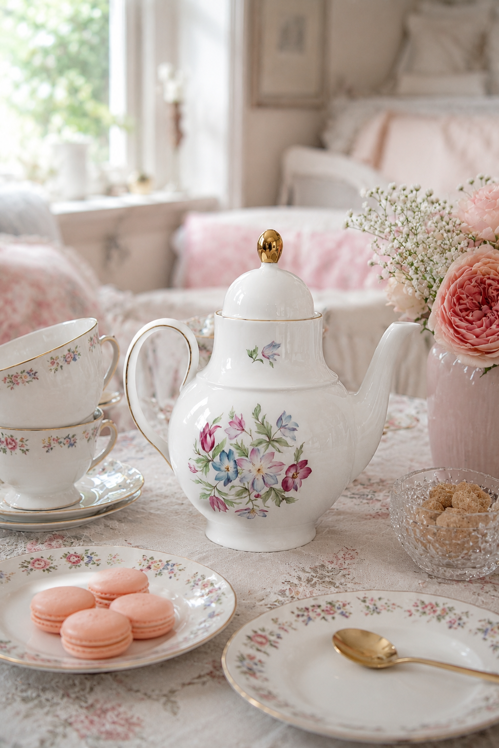 Large Vintage Porcelain Floral Teapot | White China with Gold Trim | Cottagecore Tea Décor