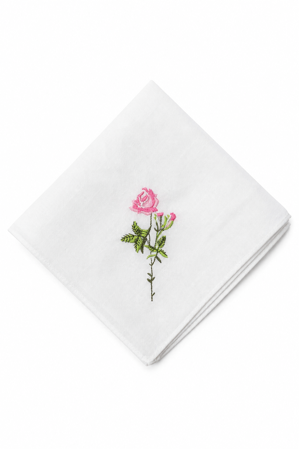 White Cotton Handkerchief with Pink Rose Embroidery Floral Ladies Handkerchief