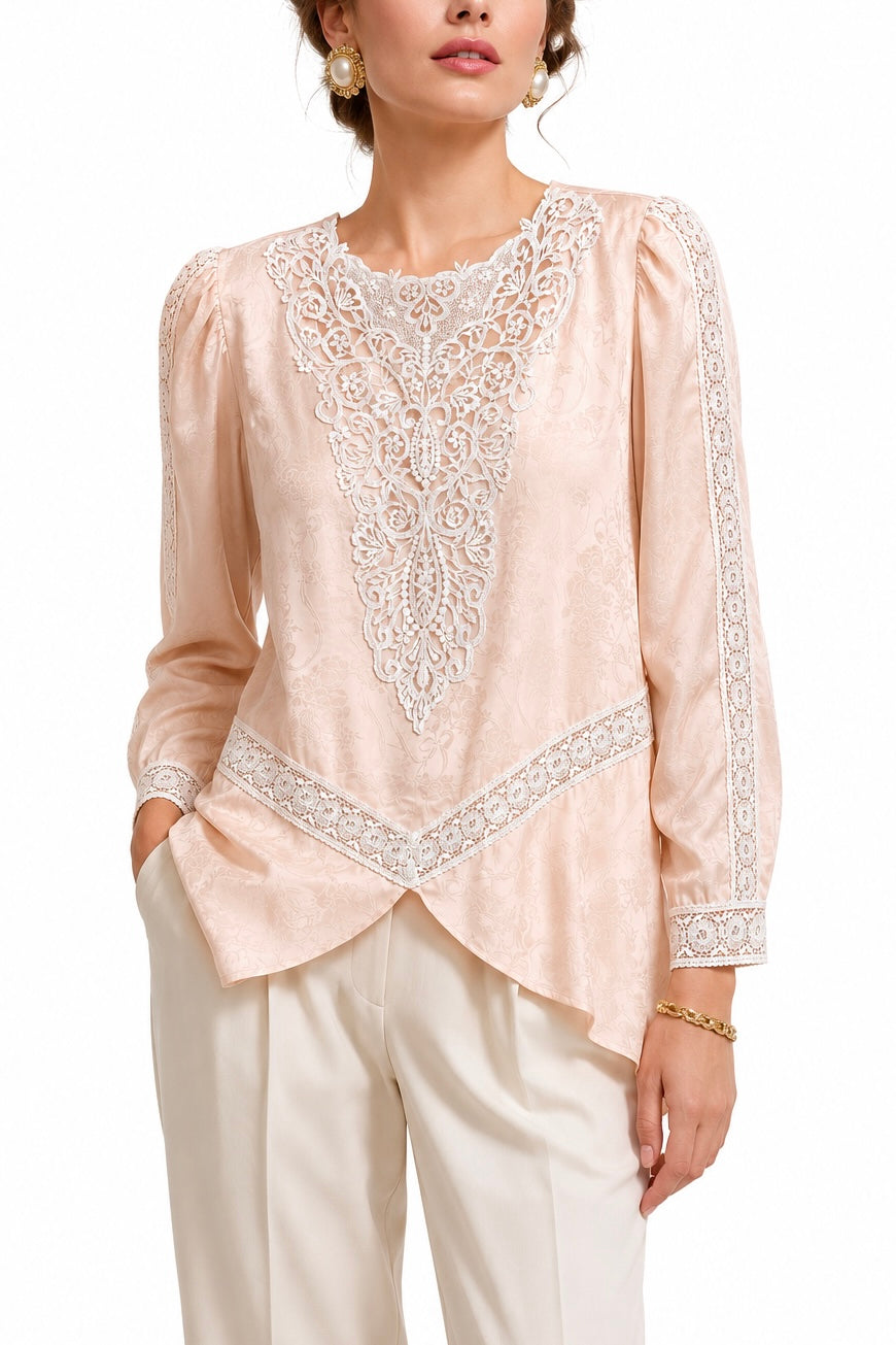 Vintage 1980s Romantic Lace Blouse Top | Soft Blush Pink Secretary Style Top (Size L)