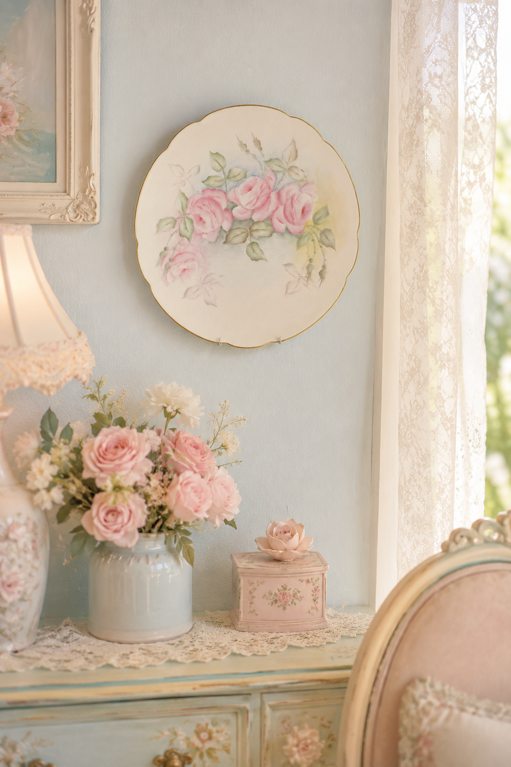 Antique 1920s Hutschenreuther Selb LHS Bavaria Hand-Painted Pink Roses Cabinet Plate | Gold Rim | 9 Inch German Porcelain