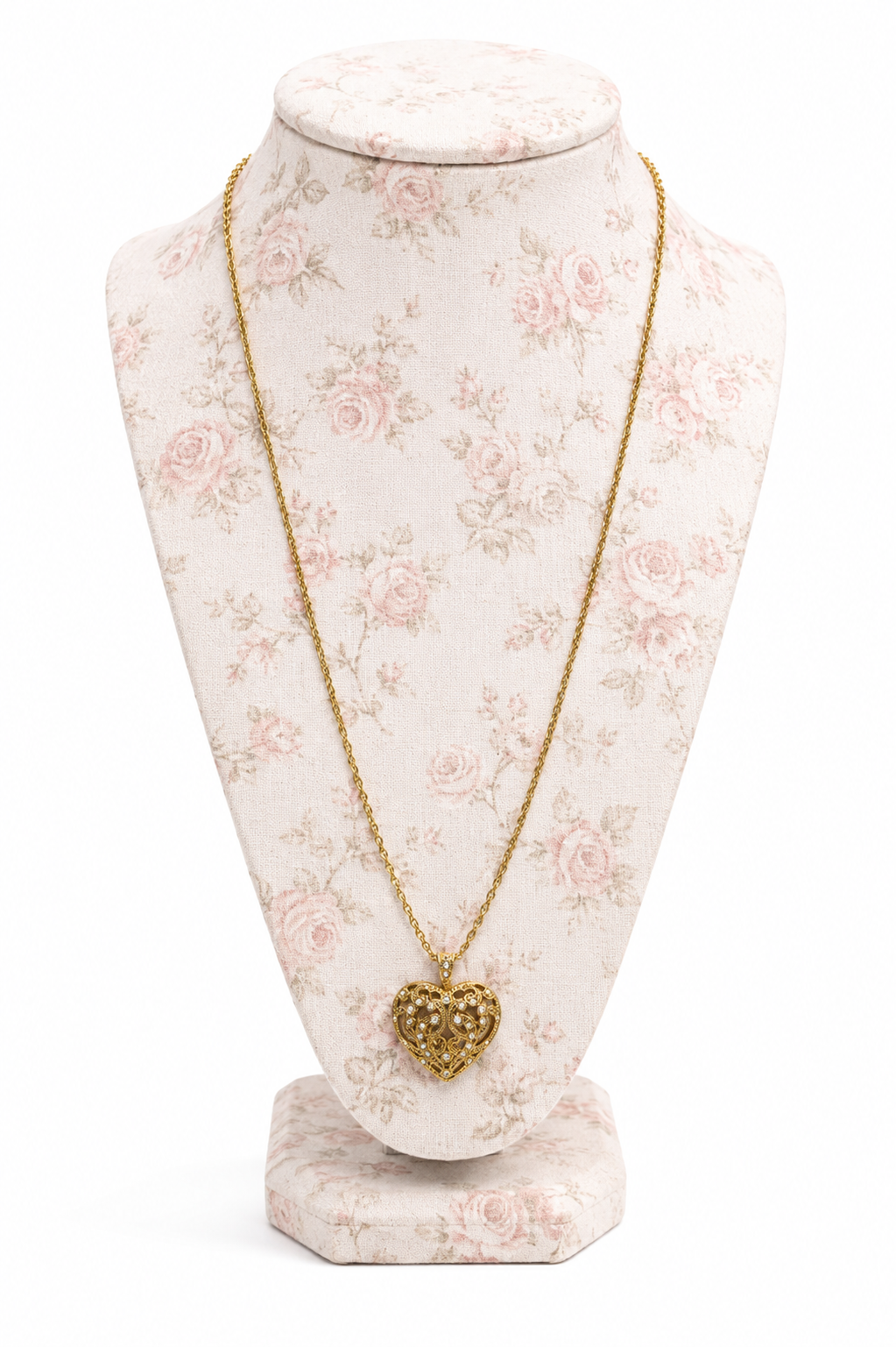 Vintage 1997 Avon Filigree Heart Pendant Necklace Gold-Tone Rhinestone Romantic Statement Jewelry