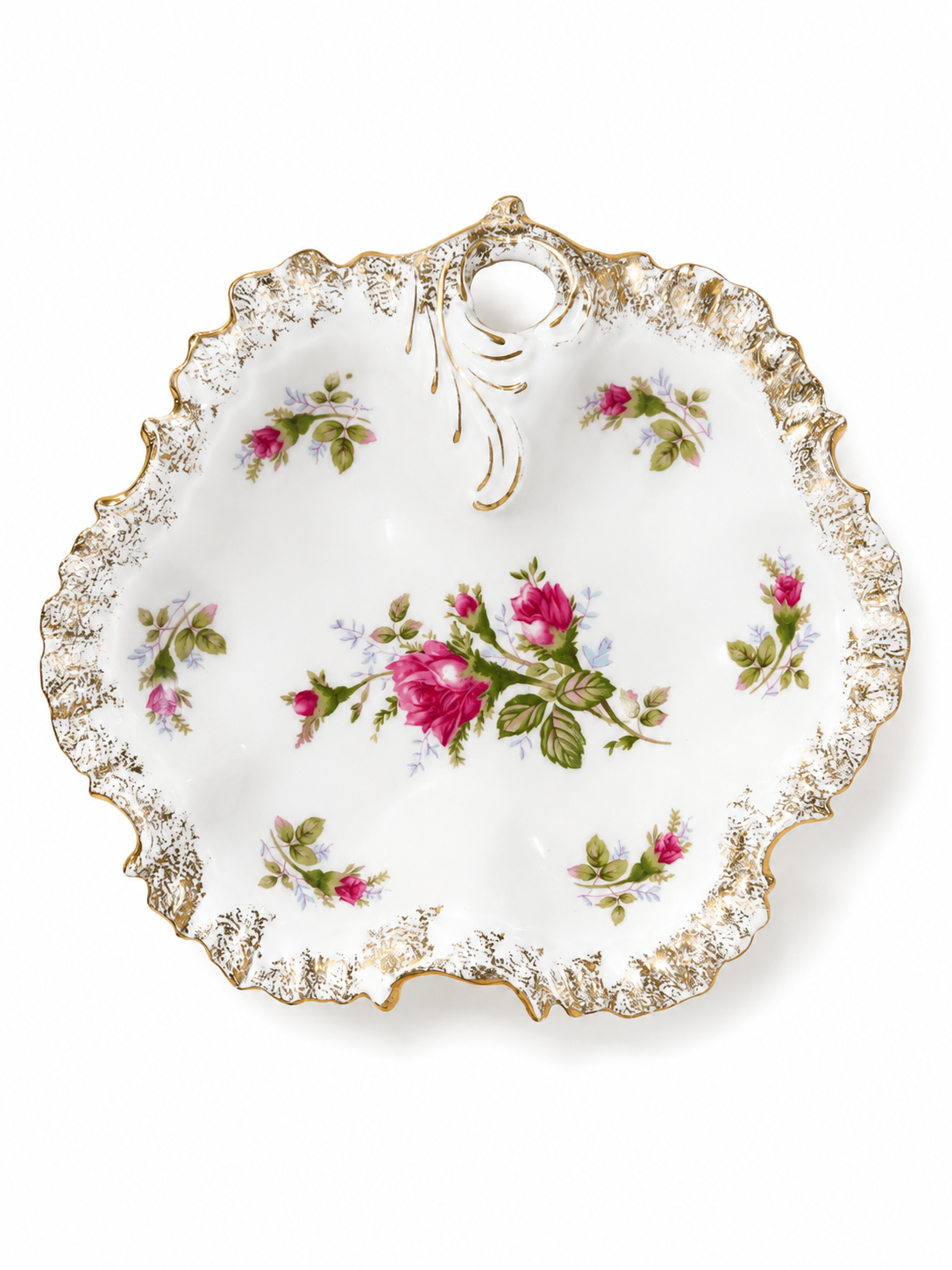 Vintage 1950s Pink Rose Porcelain Trinket & Jewelry Dish with Gold Trim