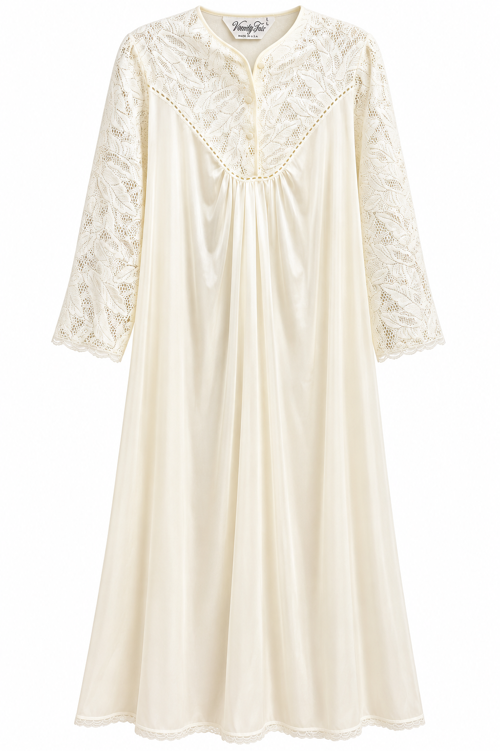 Vintage 1970s Vanity Fair Cream Ivory Lace Maxi Nightgown – Long Sleeve Size L Made in USA