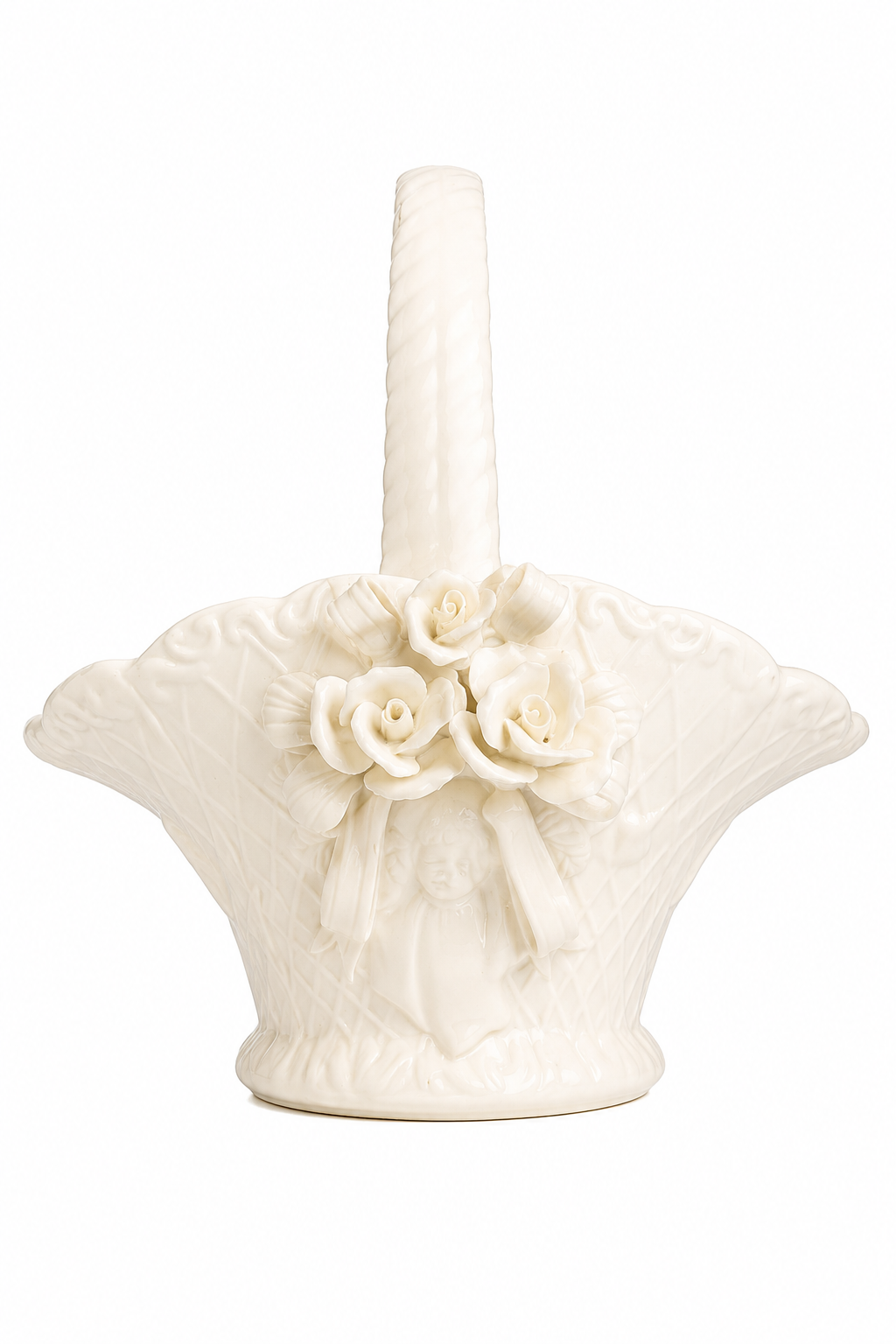 1990s Porcelain Basket with 3D Roses & Cherub Detail | Vintage Floral Basket | Romantic Cottagecore Decor