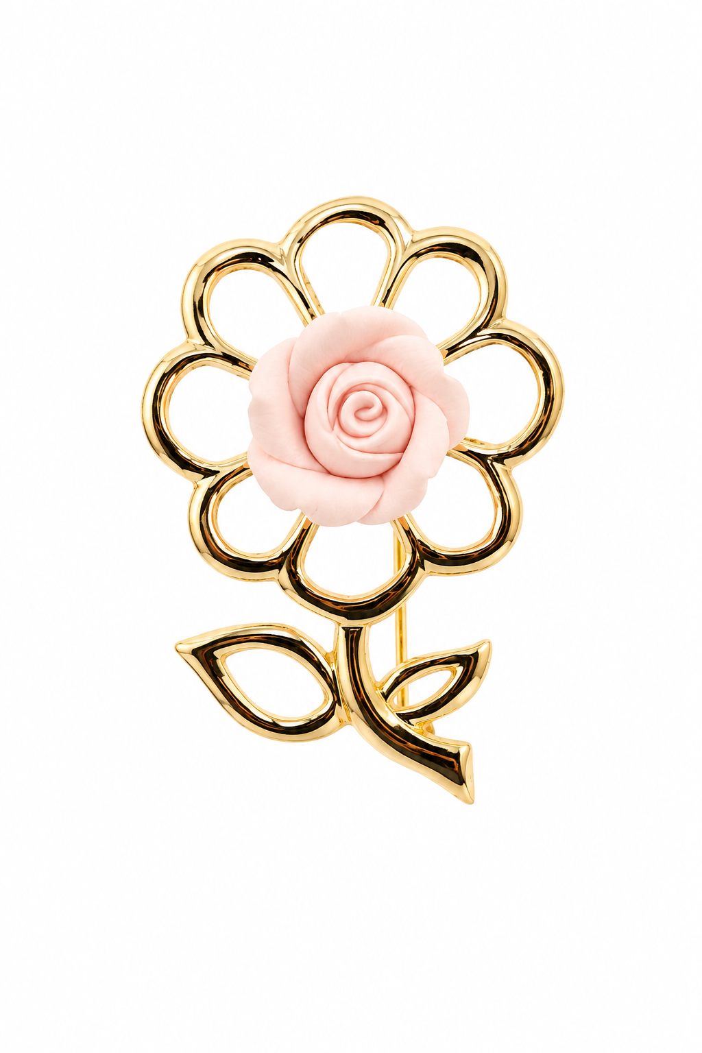 Vintage Pink Rose Flower Brooch Pin | Gold Tone Floral Statement Pin