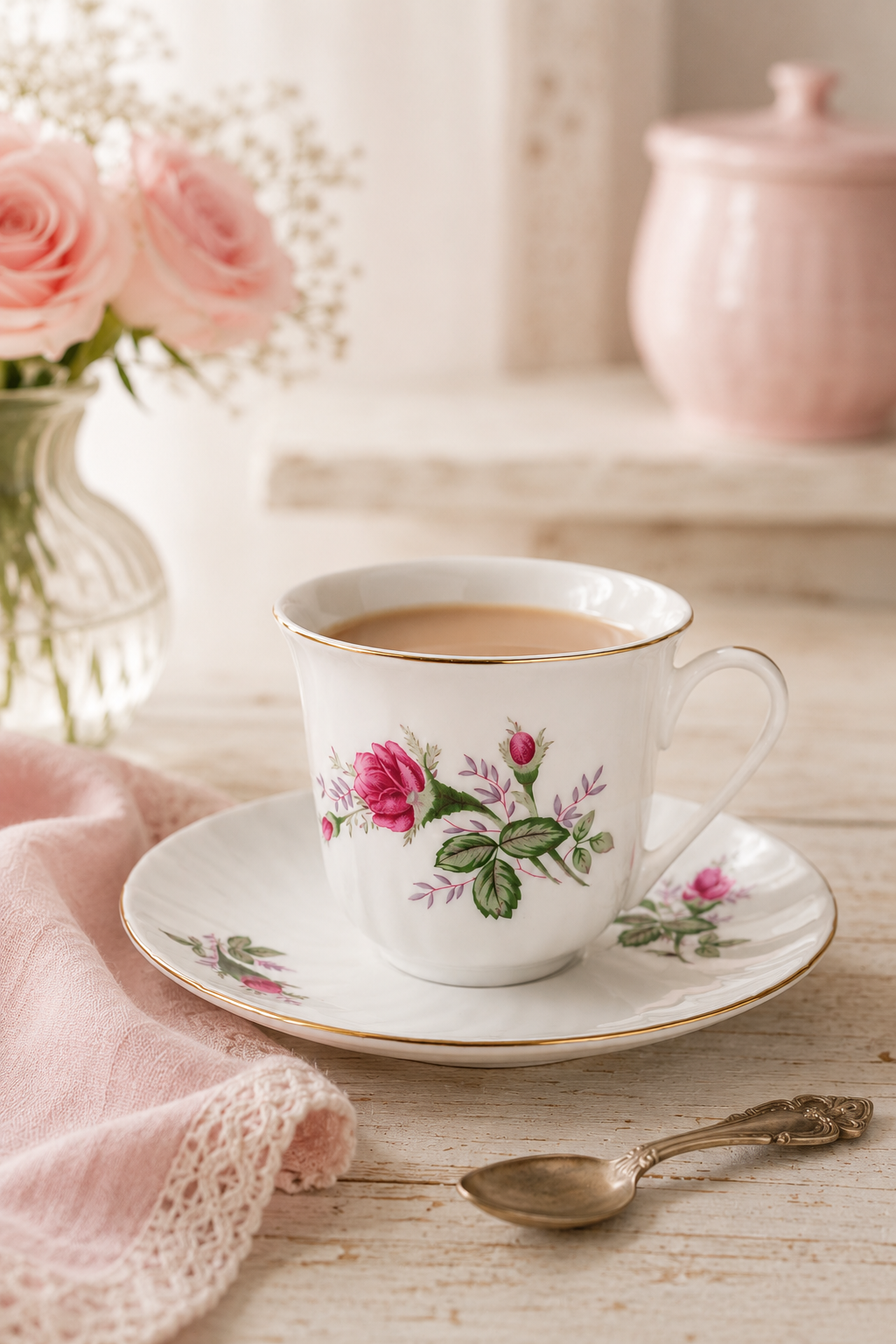 Vintage Pink Rose Floral Teacup & Saucer Set with Gold Trim