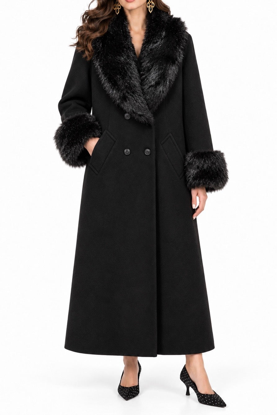 Vintage J&D Black 100% Wool Long Coat with Genuine Fox Fur Collar & Cuffs – Made in USA – Size 14