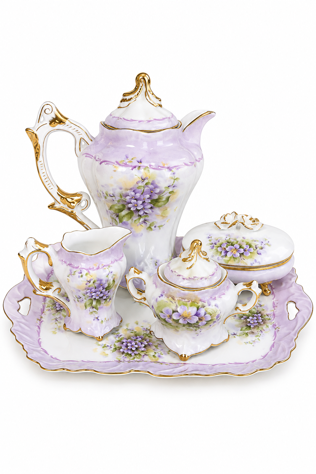 Vintage 1990s Porcelain Treasures Lavender Floral Tea Set with Tray – Purple & Gold Porcelain