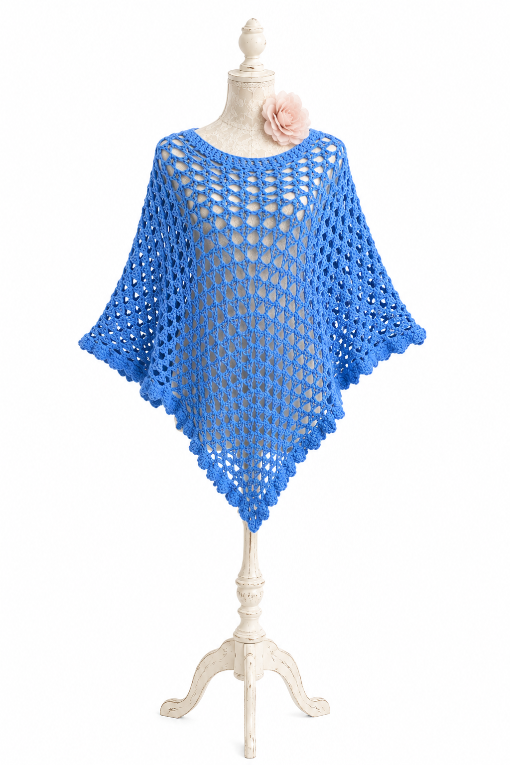 Vintage Hand-Crocheted Blue Shawl Wrap – Romantic Open Knit Poncho | One Size
