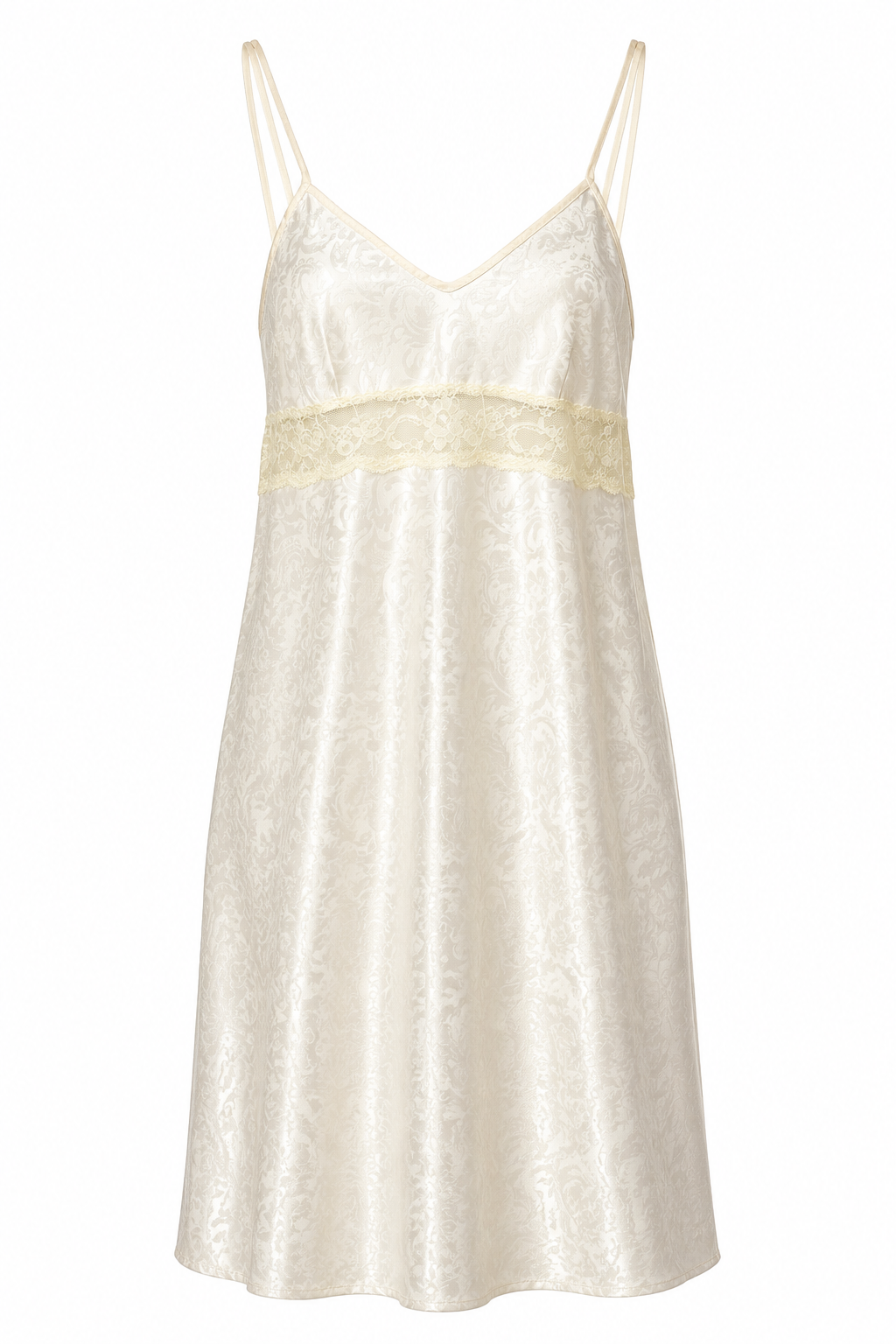 Vintage 1990s Sopré Lingerie Ivory Satin Jacquard Chemise Nightgown Dress Lace Trim Size Medium