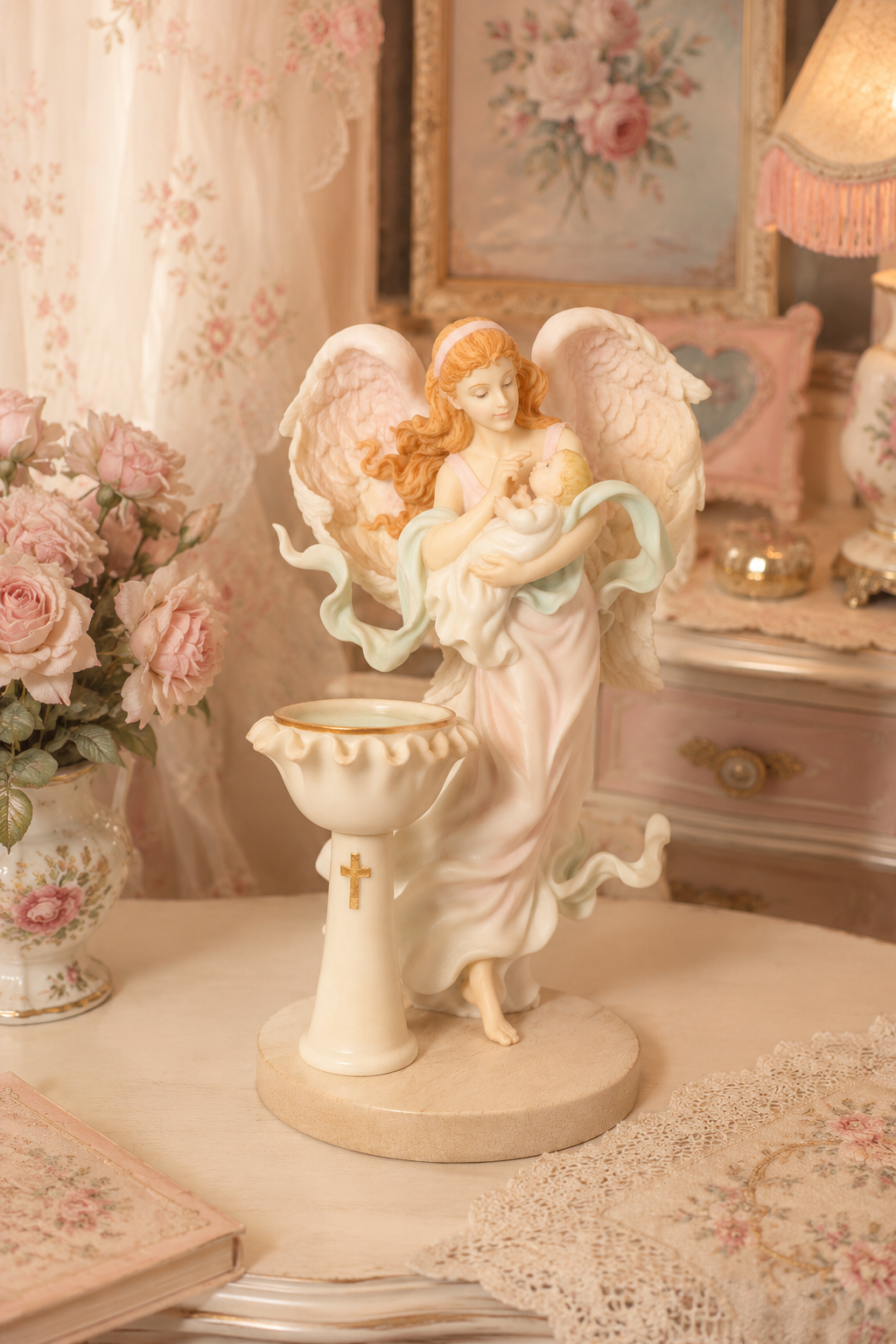 Vintage 2000s Seraphim Classics “Christening Angel” Figurine | Angel Holding Baby by Baptism Font | Religious decor