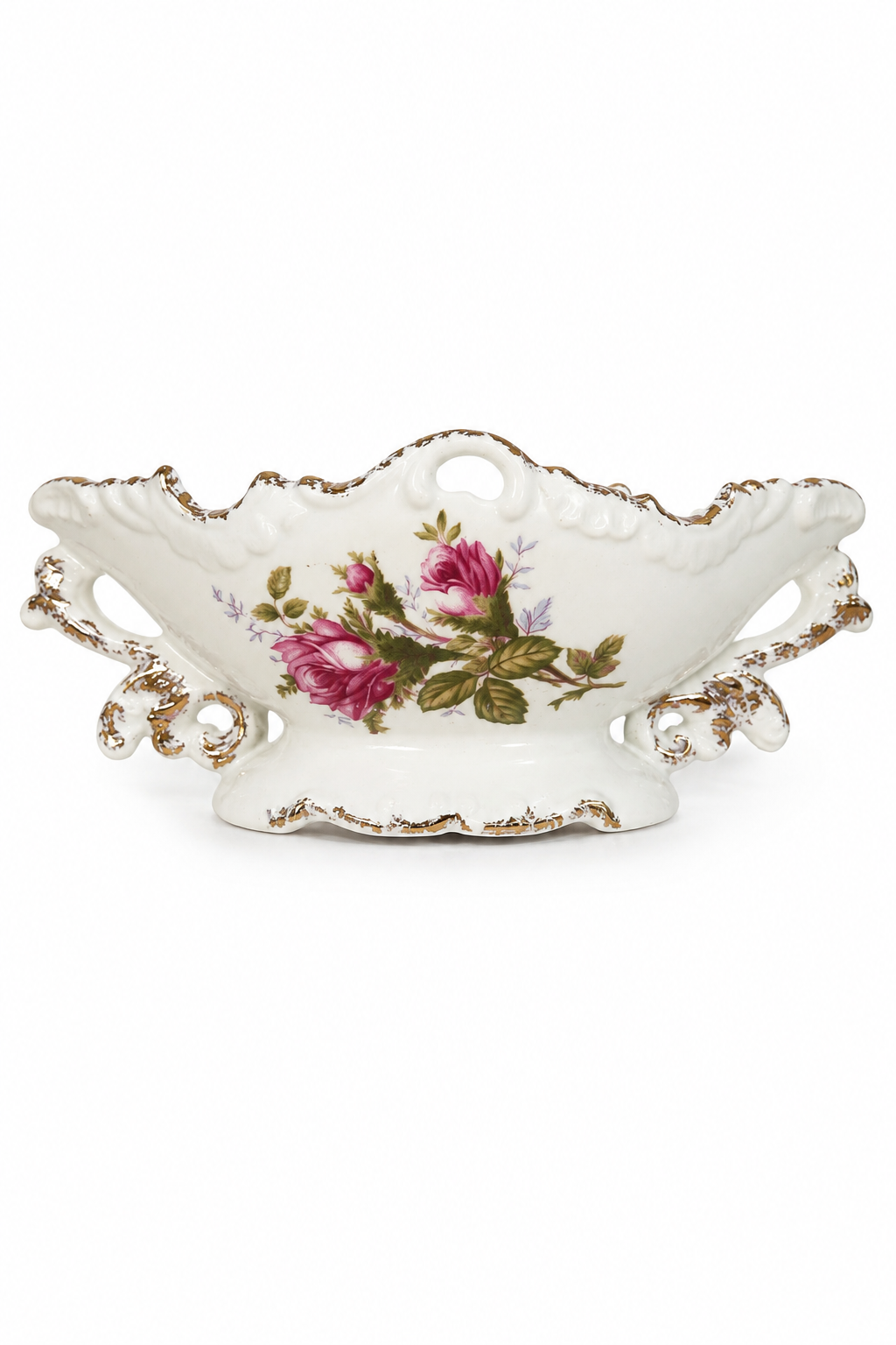 Vintage 1950s Pink Rose Porcelain Decorative Dish – Romantic Gold Accent Bowl