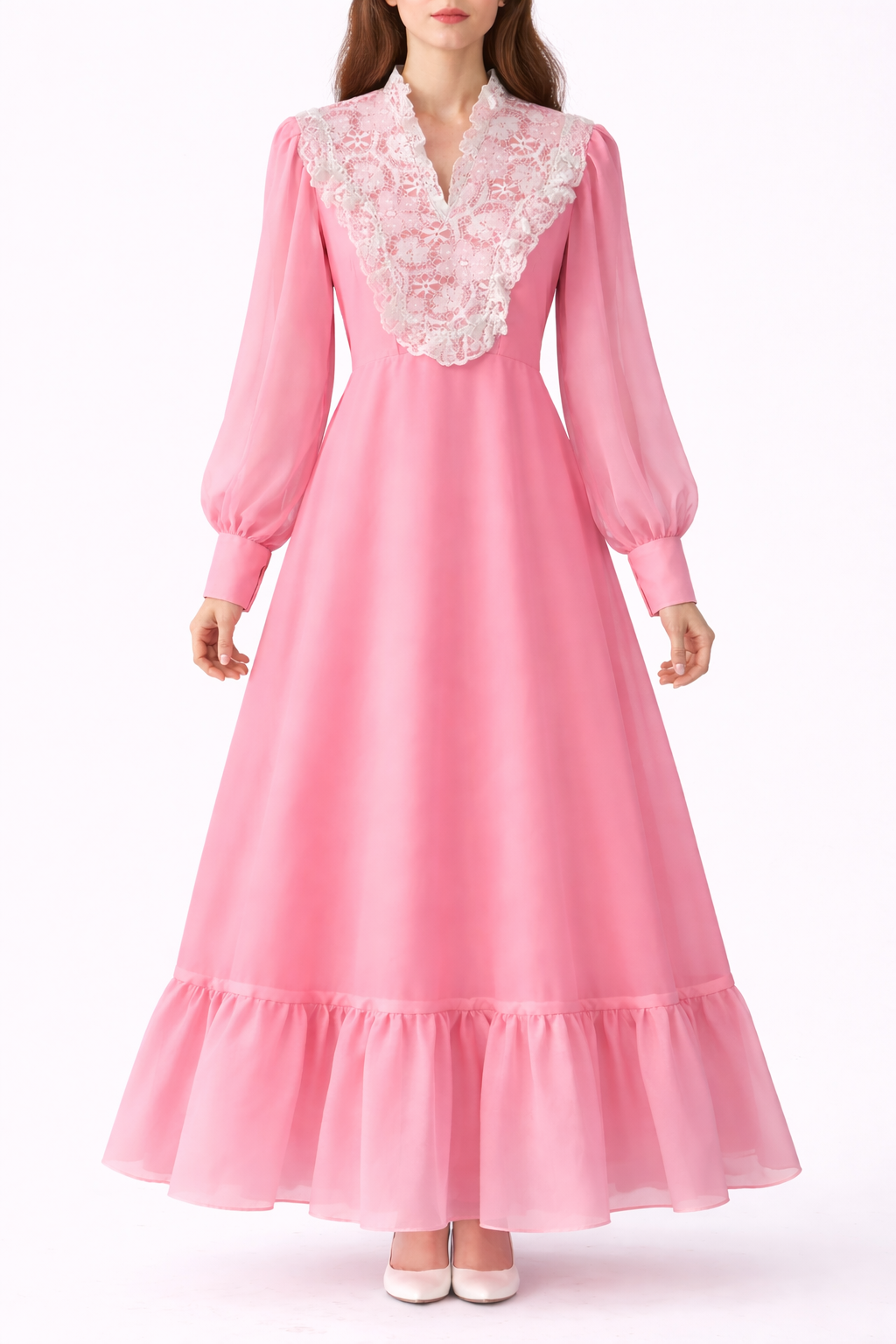 Vintage 1970s Bubblegum Pink Maxi Gown | Lace Detail, Romantic Prairie Style Size XS–S