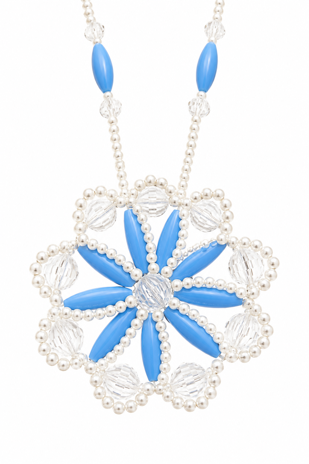 1970s Vintage Blue & Crystal Beaded Pendant Necklace | Floral Statement Necklace | 26” Long
