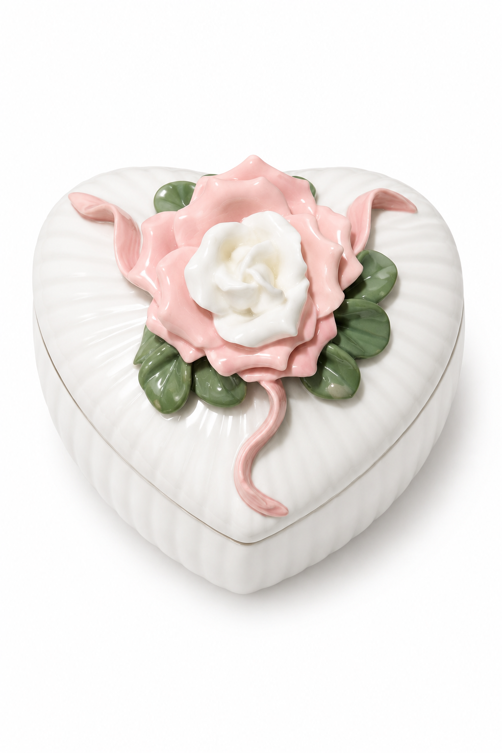 1970s–1980s Heart-Shaped Ceramic Trinket Box with 3D Rose & Ribbon | Romantic Vanity Box