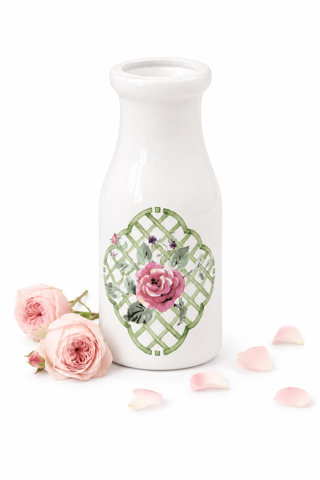 Vintage Pfaltzgraff Garden Trellis Milk Bottle Vase | 8” Floral Ceramic Vase | Cottagecore Farmhouse Décor