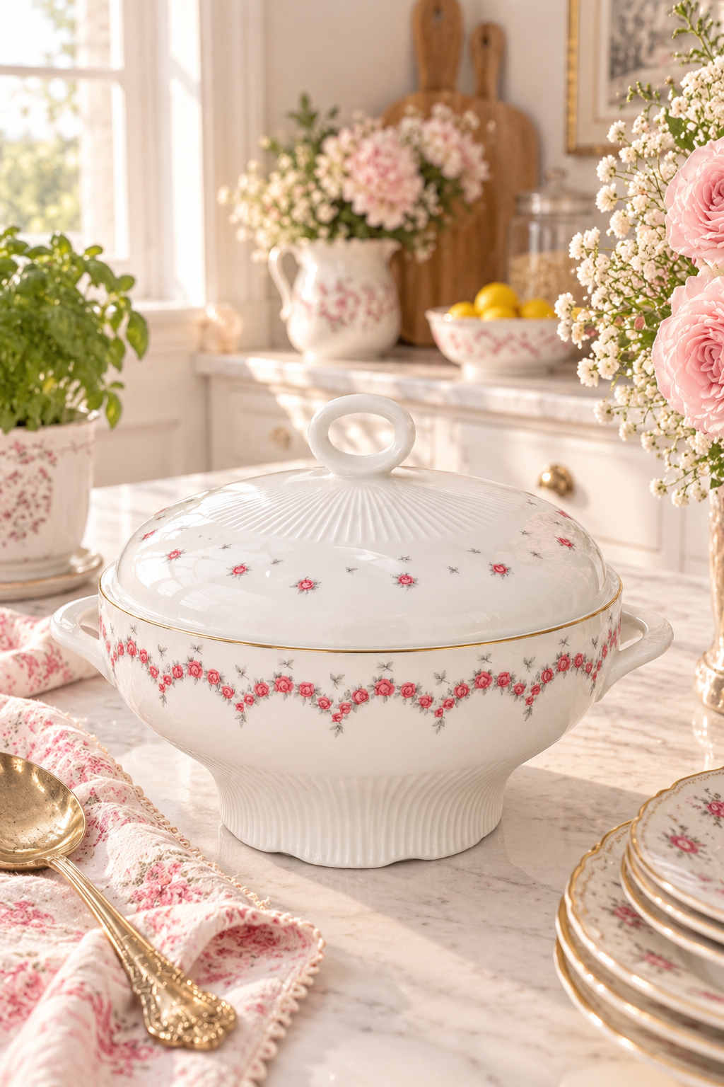 Rare 1970s Graf Von Henneberg Pink Rose Covered Serving Bowl | Vintage Porcelain Soup Tureen