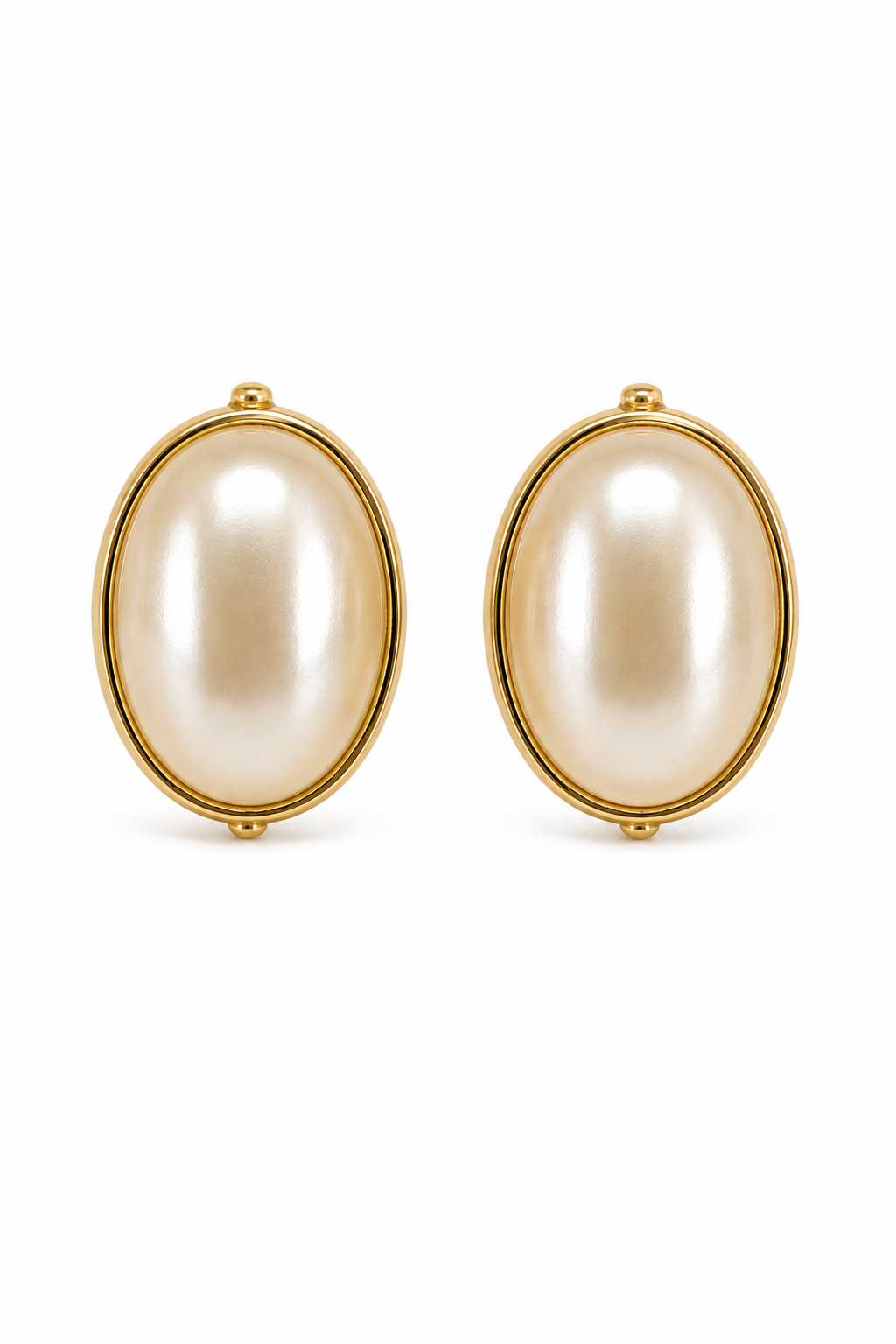 Vintage 1980s Faux Mabe Pearl Clip-On Earrings – Gold Tone Oval Button Earrings with Sunburst Backs
