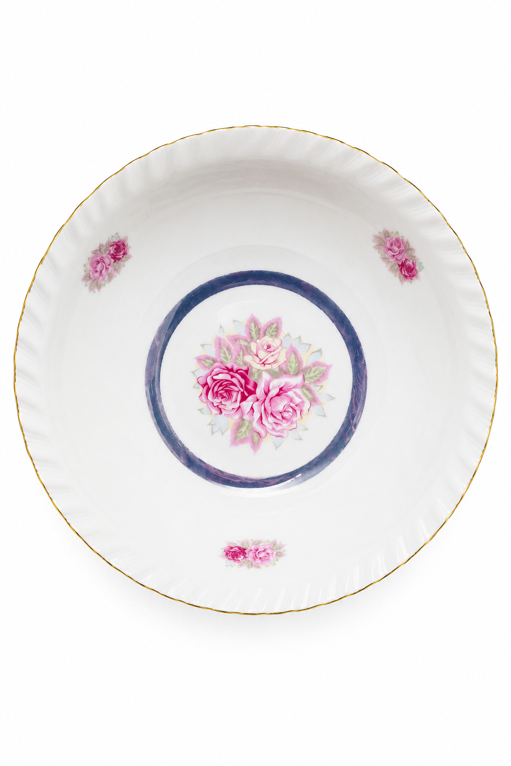 Vintage 1950s–1970s Japan Porcelain Serving Bowl Pink Rose Floral Blue Band Gold Trim | 9” Bowl