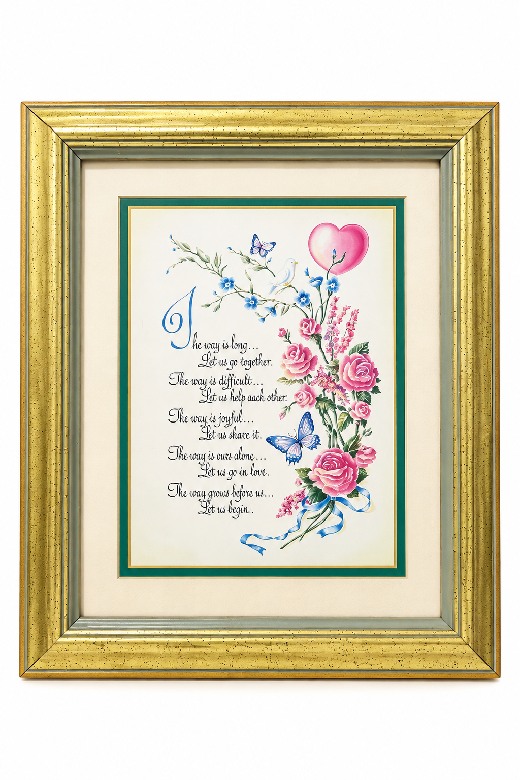 Vintage 1980s–1990s “The Way Is Long” Framed Floral Wall Art | Inspirational Love Print