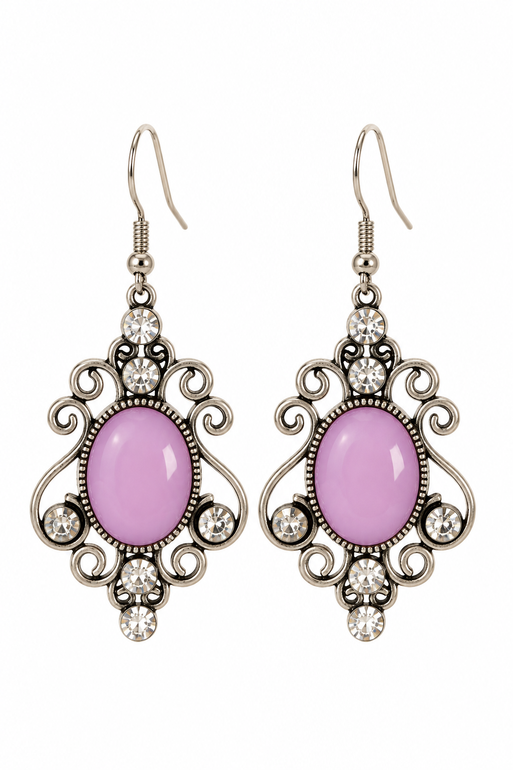 Romantic Lavender Purple & Crystal Silver-Tone Dangle Earrings | Victorian-Inspired Filigree Statement Jewelry