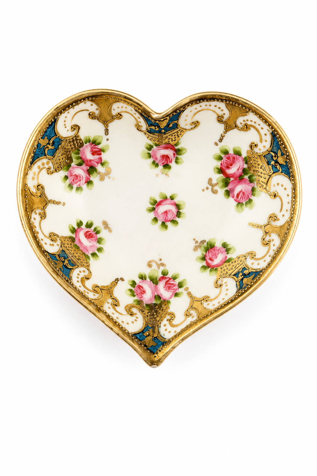 Antique Nippon Hand-Painted Heart-Shaped Trinket Dish | Maple Leaf Mark 1891–1911 | Gilt Pink Roses