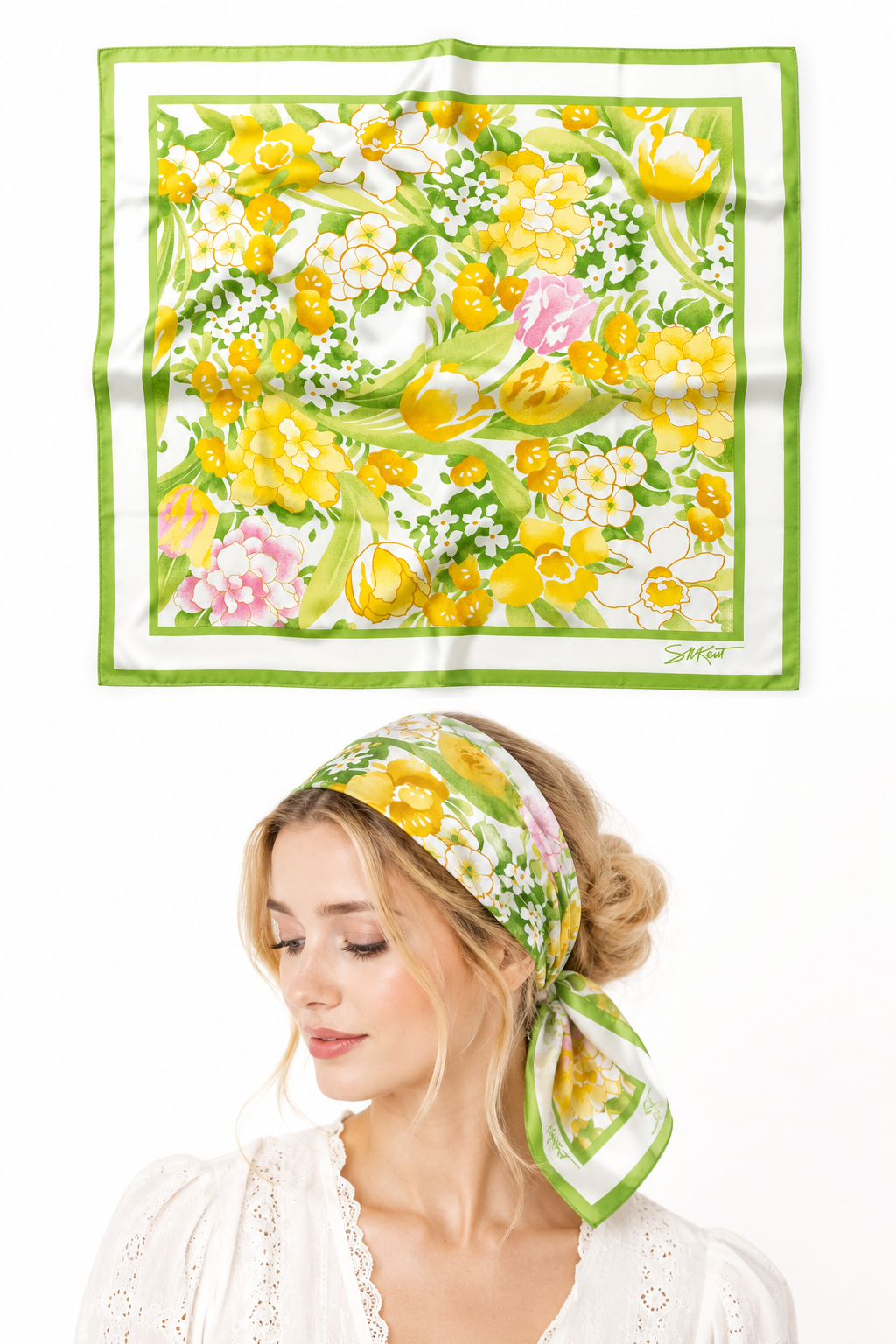 Vintage Floral Spring Scarf | Versatile Neck Scarf, Hair Scarf & Handbag Accessory | Yellow & Green Botanical Print